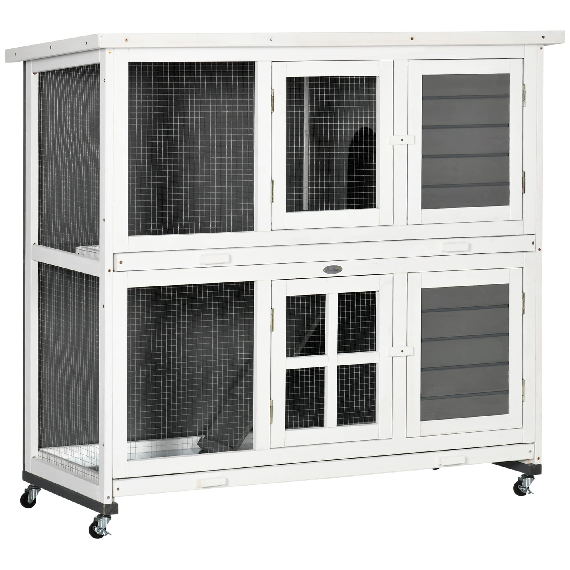 PawHut Conejera de Madera de 2 Niveles Jaula para Conejos con Ruedas 2 Puertas Techo y 2 Bandejas Extraíbles Conejera para Interior y Exterior 119x50,5x109 cm Blanco y Gris