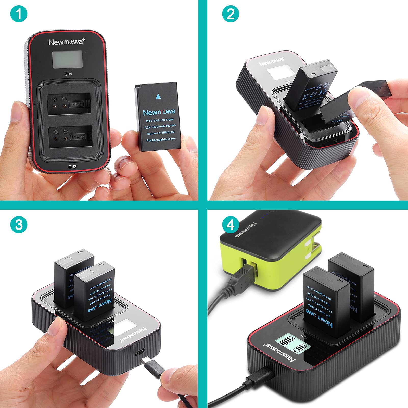 Newmowa EN-EL20 Zapasowa bateria (2 sztuki) i inteligentna ładowarka USB z wyświetlaczem LCD do Nikon EN-EL20, EN-EL20a, Nikon 1 J1,1 J2,1 J3,1 S1,1 V3, Coolpix A, P1000 i Blackmagic Pocket Cinema
