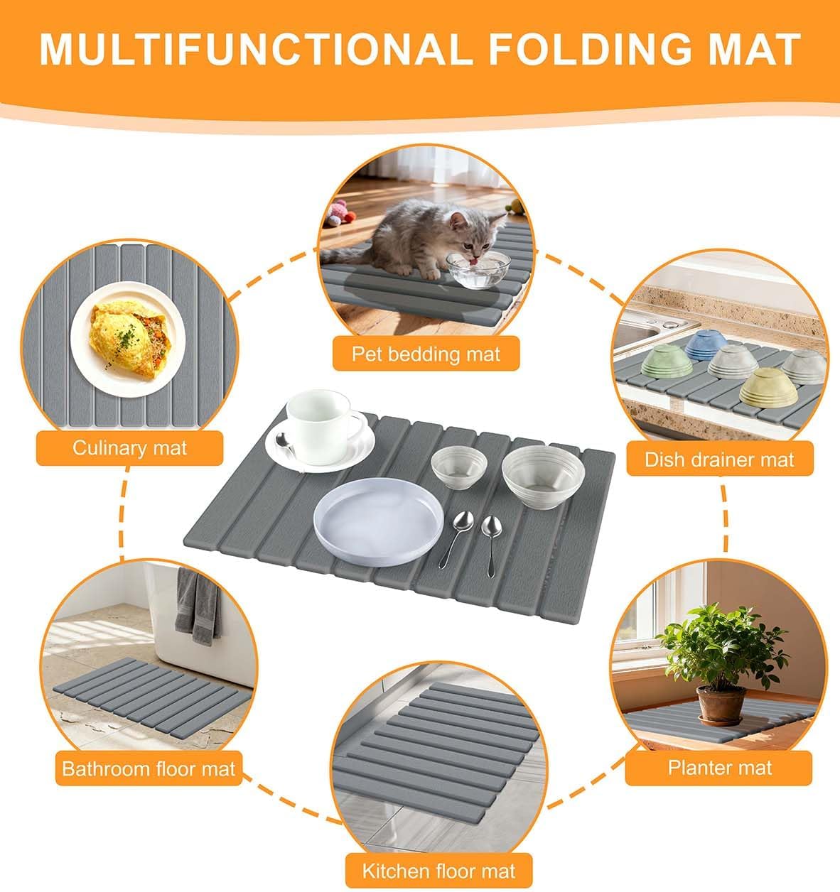 Stone Dish Drying Mat for Kitchen Counter, 24"(L)×16"(W) Collapsible Fast Drying Diatomaceous Earth Mats with Towel Sanding Tool,Versatile Stone Drying Mats for Cups Dishes Bottles Bathroom -Gray