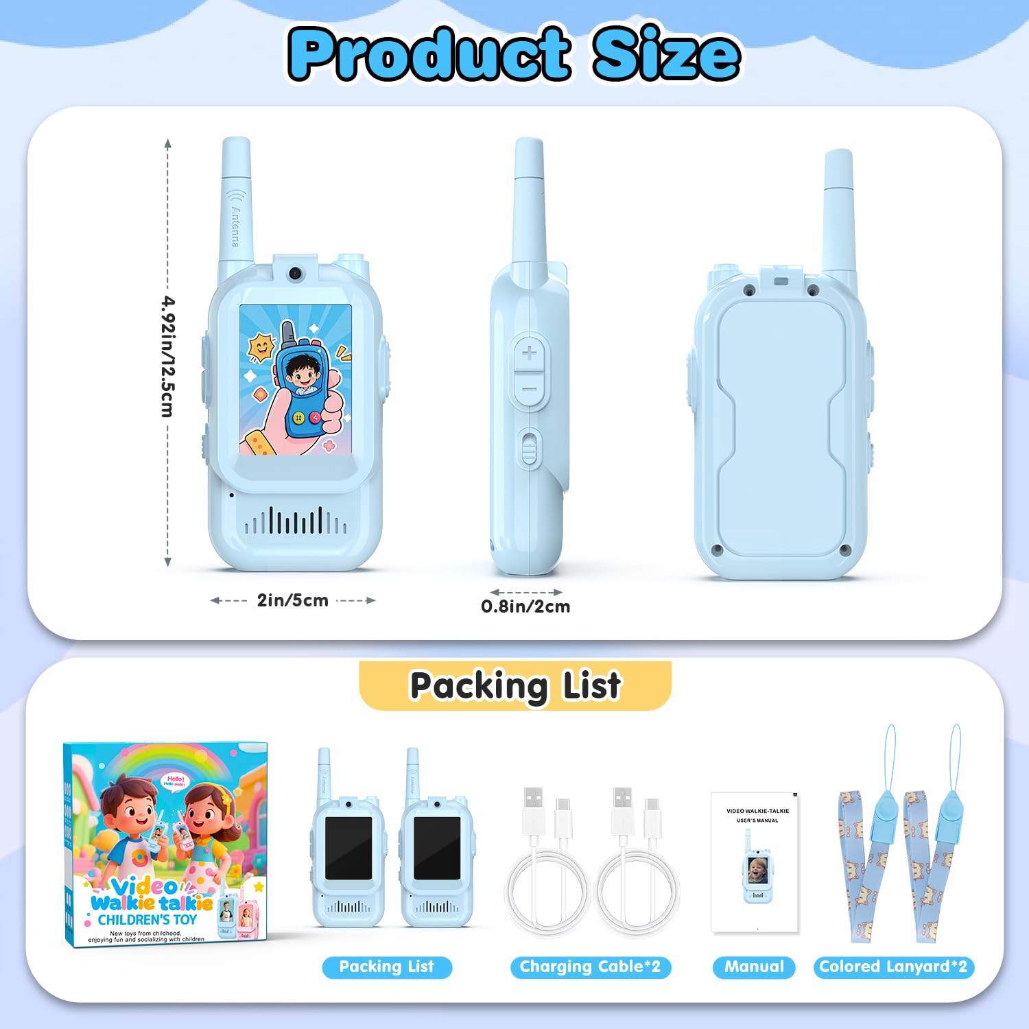 Juguetes Vídeo Walkie Talkie Niños, Azul 2 Piezas 1000FT Recargable Walkie Talkie con Cámara HD & Cambiador de Voz para Niños y Niñas de 3-12 Años, Exteriores, Camping, Senderismo Regalo Walky Talky
