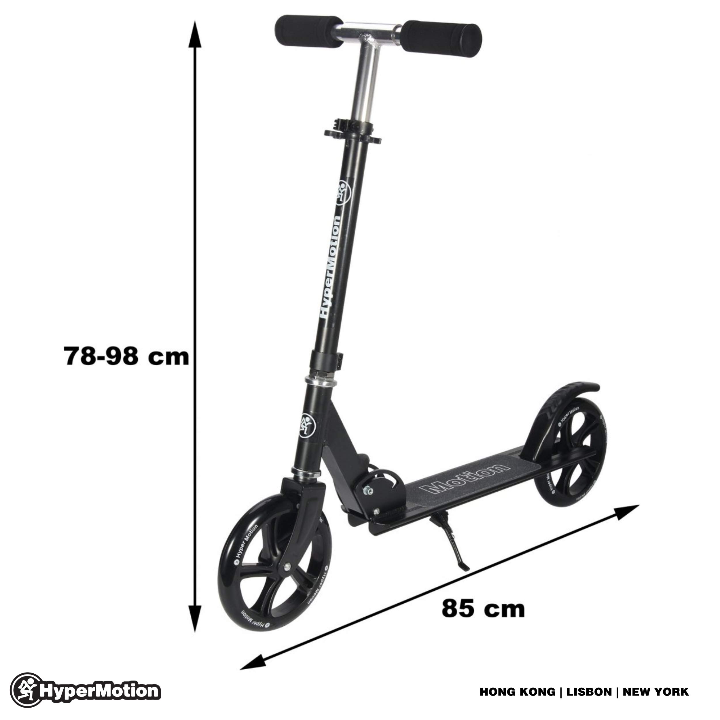 HyperMotion Trottinette pour Ados et Adultes ROCKSTER (Charge Max 100 kg) Pliable, Grandes Roues 200 mm en Polyuréthane, Frein à Pied, Roulements ABEC-7, Antidérapante, Hauteur Guidon 78-98 cm (Noir)