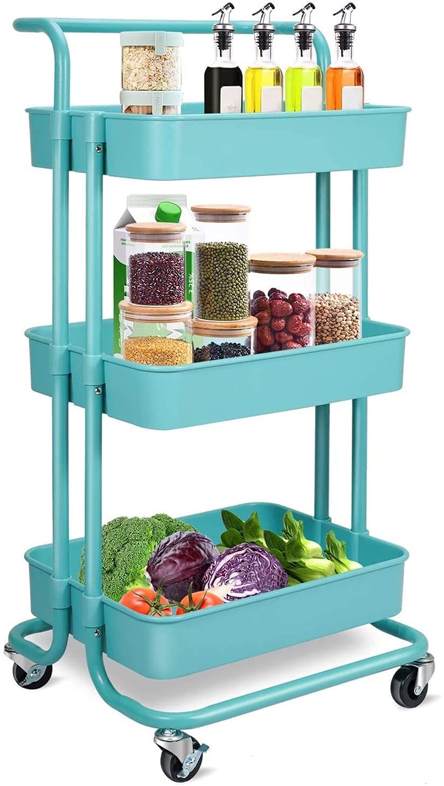 Carrito organizador de 3 niveles con ruedas azul para bano y cocina