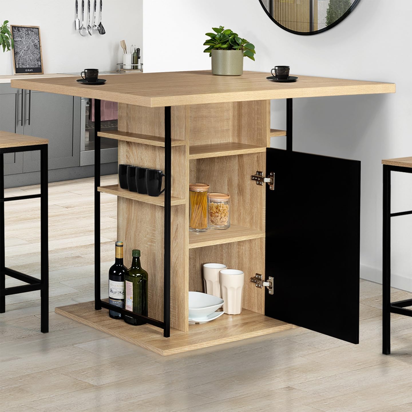 IDMarket - Ilot central UGO 110 cm bois noir et imitation hêtre avec rangements design industriel