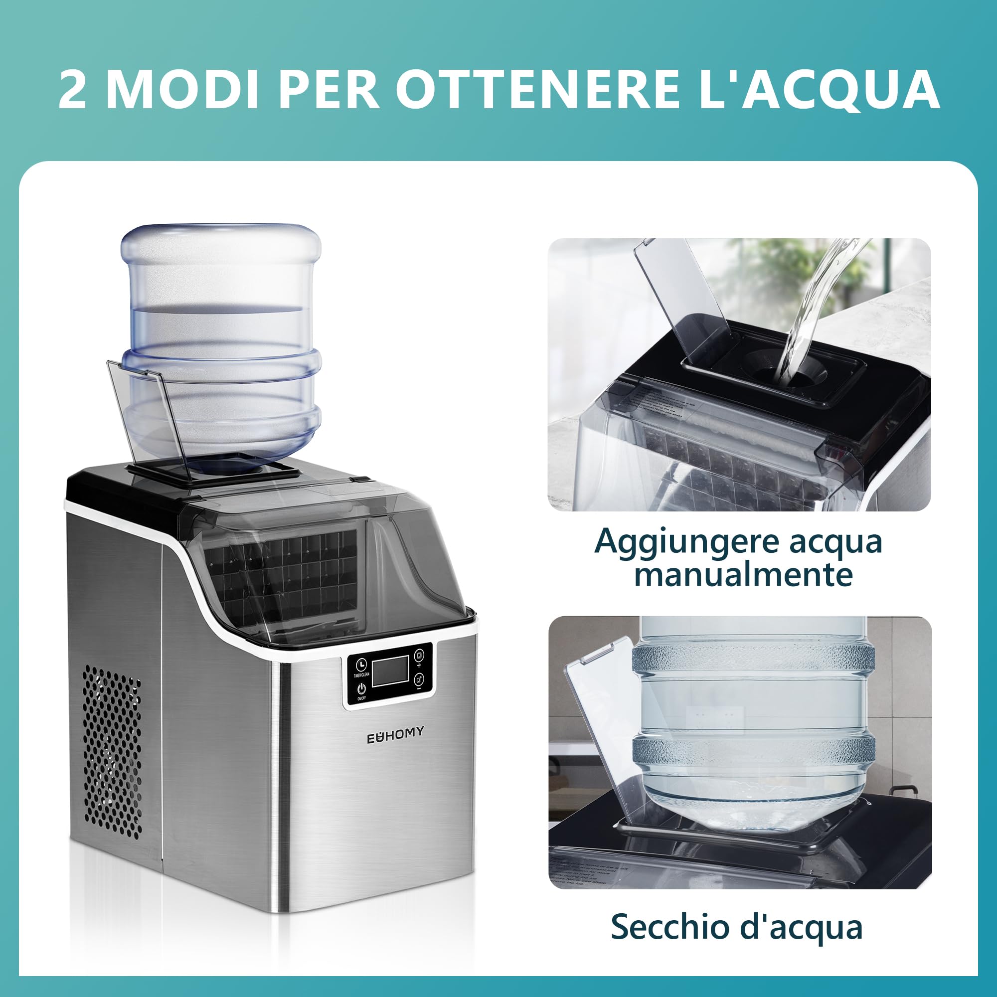 EUHOMY Eiswürfelmaschine für Zuhause: 24 Würfel in 13 Minuten, 20,5 kg/24 Stunden, selbstreinigend, 3,2 l Eismaschine mit Schaufel/Korb, für Küche/Büro, Edelstahl