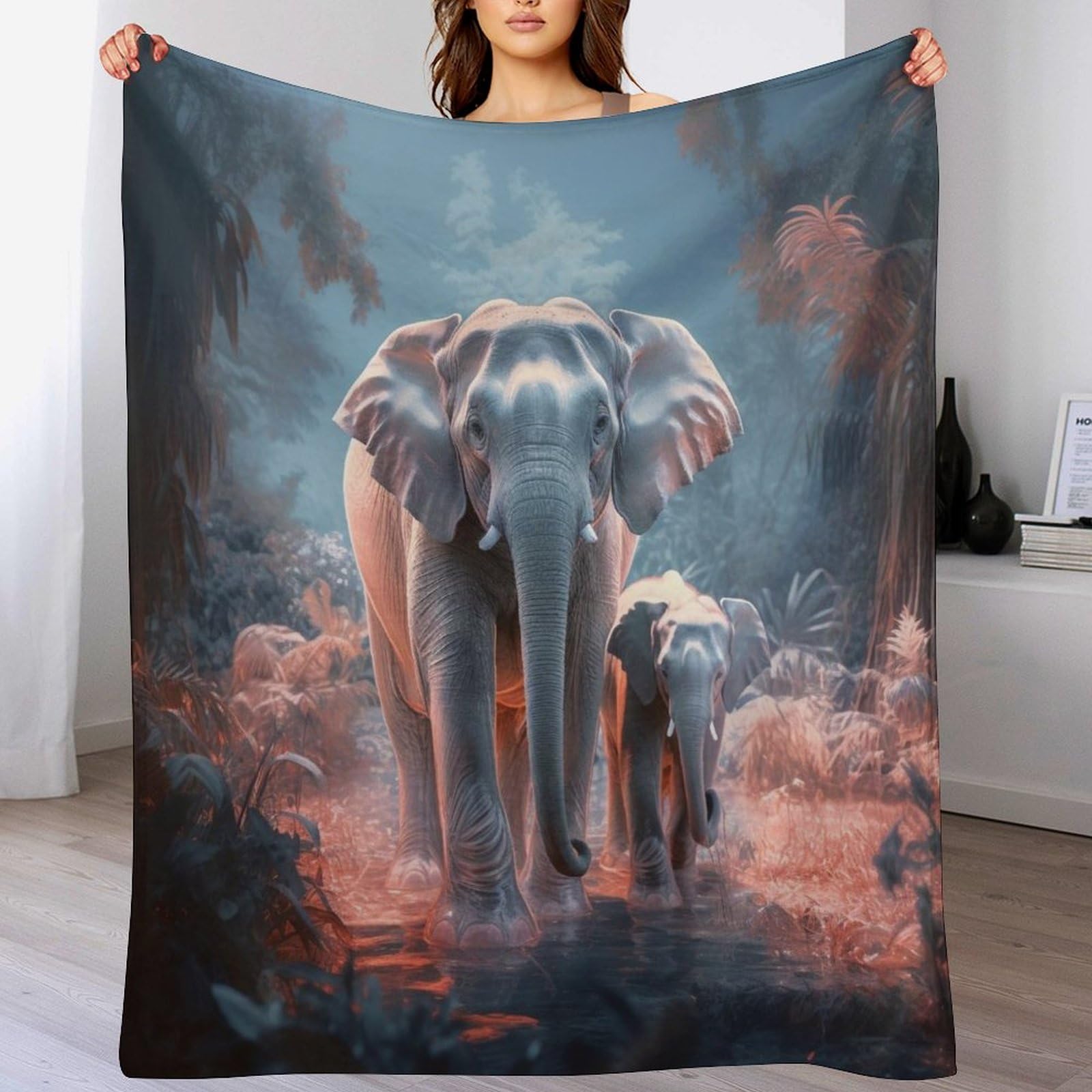 Manta suave para sofa y cama con estampado de elefantes en franela acogedora