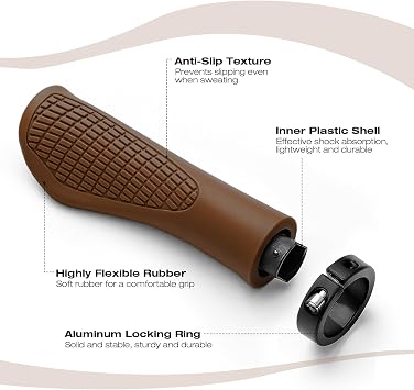 Non-Slip Handlebar Grips, 1 Pair Professional Bike Handlebar Grips, Adult Mountain Bike Grips with Soft Anti-Slip Rubber, Ergonomic,  with 1 Allen Wrench, Suitable for Most Bicycles, Brown