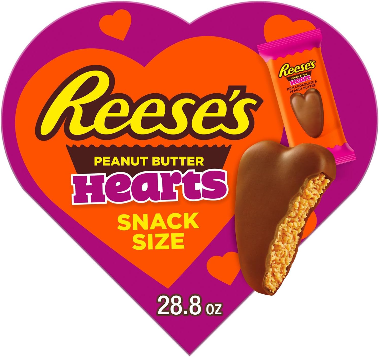 Milk Chocolate Snack Size Peanut Butter Hearts, Valentine's Candy Gift Box, 28.8 oz