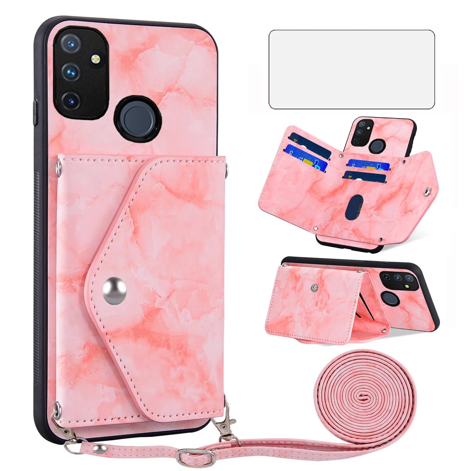 Phone Case for OnePlus Nord N100 Wallet Cover with Screen Protector and Crossbody Strap Marble Credit Card Holder Stand Cell Accessories One Plus N