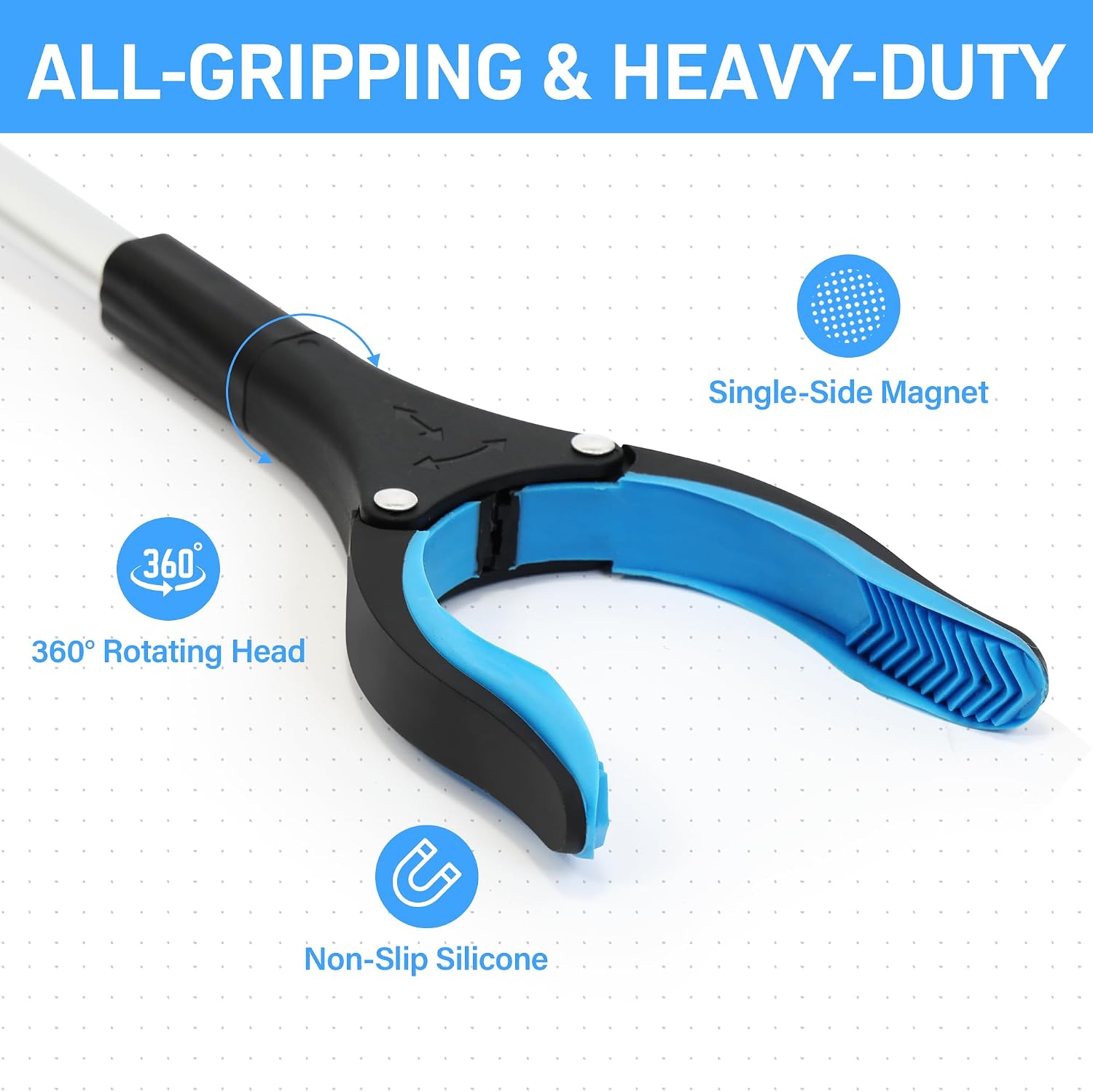 Grabber Reacher Tool for Seniors,43" Foldable Reacher Grabbers Pickup Stick with Anti-Slip 360° Rotating Jaw，with Magnet for Disabled, After Surgery Recovery (Blue, 43inch 2pack)