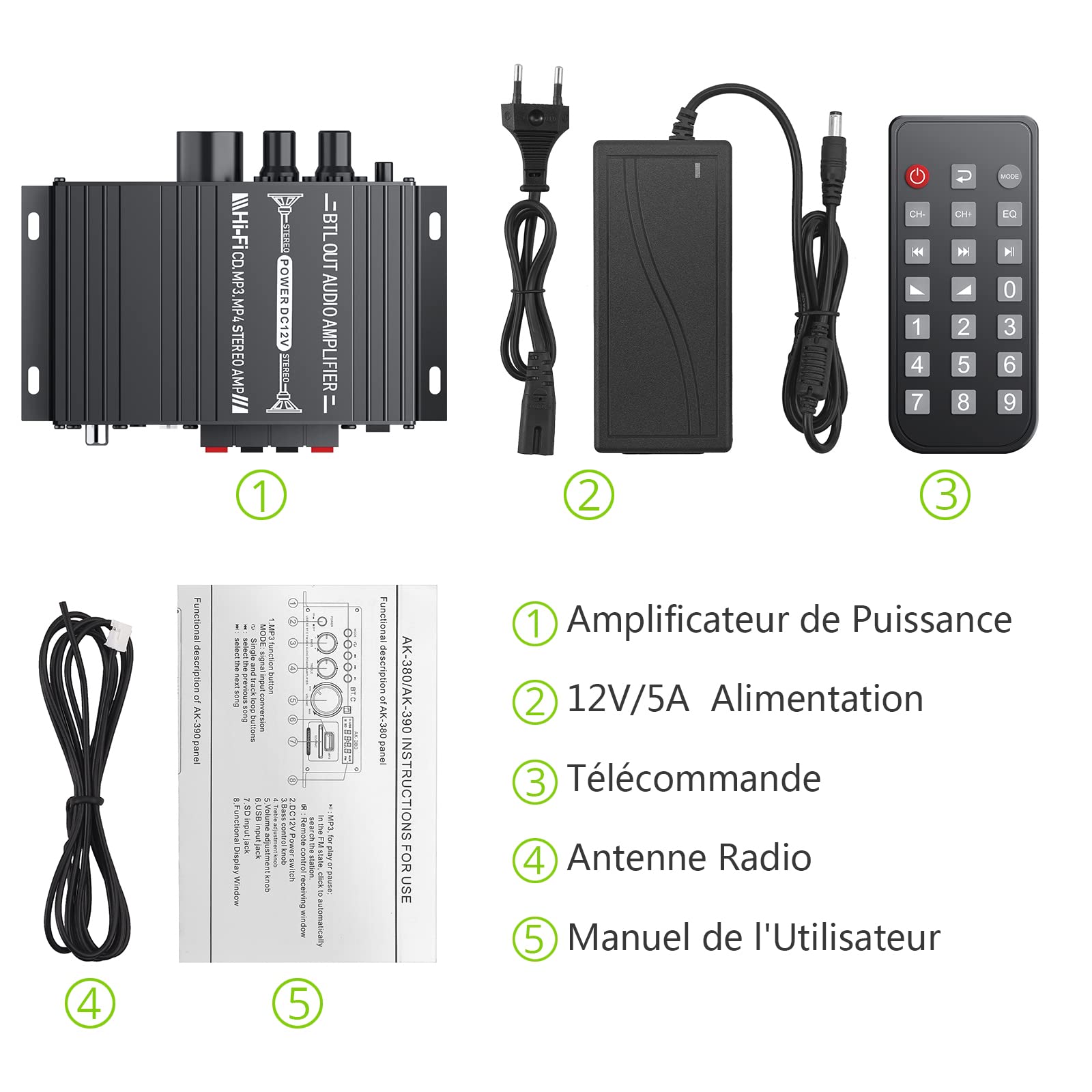 LiNKFOR Amplificateur de Puissance Audio Stéréo Récepteur Bluetooth 5.0 Amplificateur Audio sans Fil 40Wx40W avec LED Support USB SD RCA AUX BT Entrée avec Alimentation pour Téléphone MP3 AV