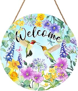 Welcome Spring Hummingbird Front Door Sign Decor 12"x12" Spring Floral Flowers Wood Door Hanger for Outdoor Outside Porch Seasonal Summer Farmhouse Wooden Wreath Wall Hanging Sign for Home Yard