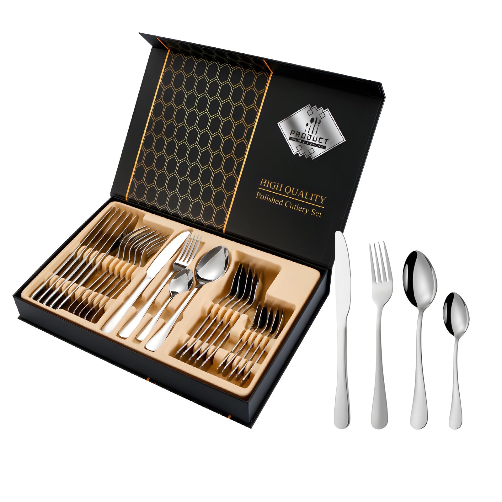 Vajilla grabada personalizada, caja de regalo de cubiertos de acero inoxidable de 24 piezas, regalo de cumpleaños, juego de vajilla para reunión familiar (plata)