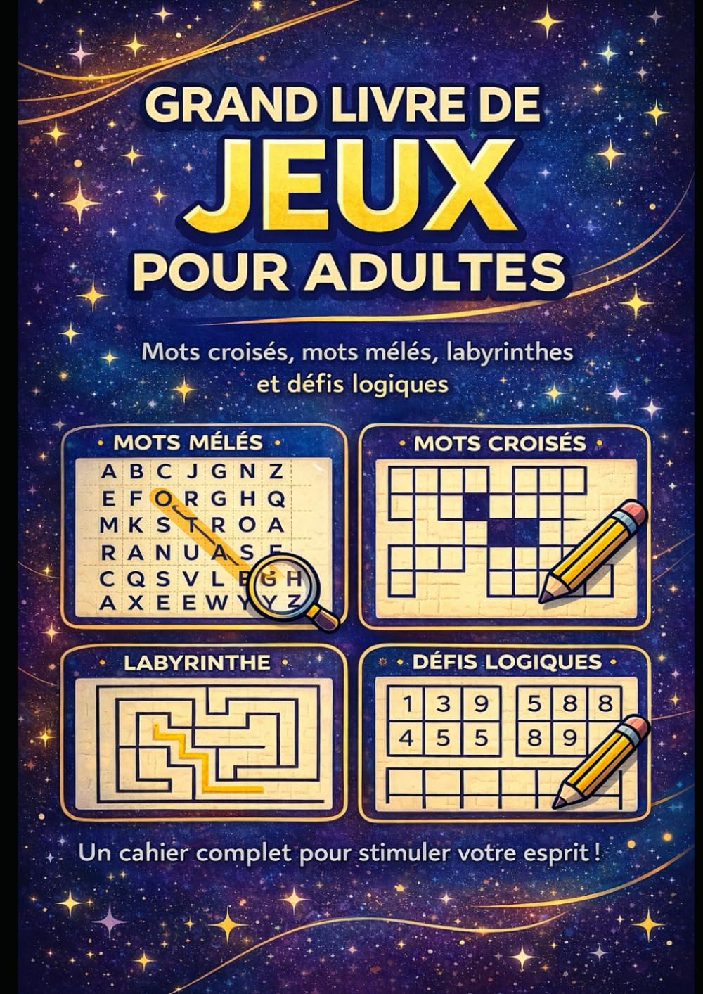 Grand livre de JEUX pour adults: Mots croisés • Mots mêlés • Labyrinthes • Défis logiques Un cahier de jeux pour stimuler la mémoire, la concentration et la réflexion