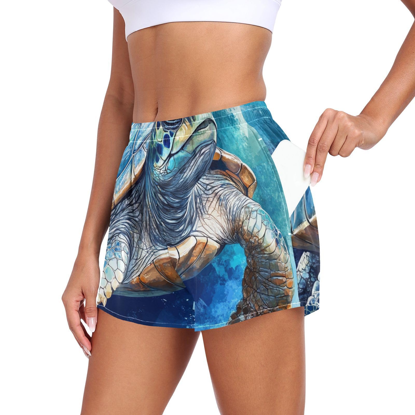 EtherSpher Fierce Turtle Reptile Blue Women's Athletic Shorts with Pockets Girls Swim Shorts for Gym Lounge Beach Home Outdoor ropa para DAMA L