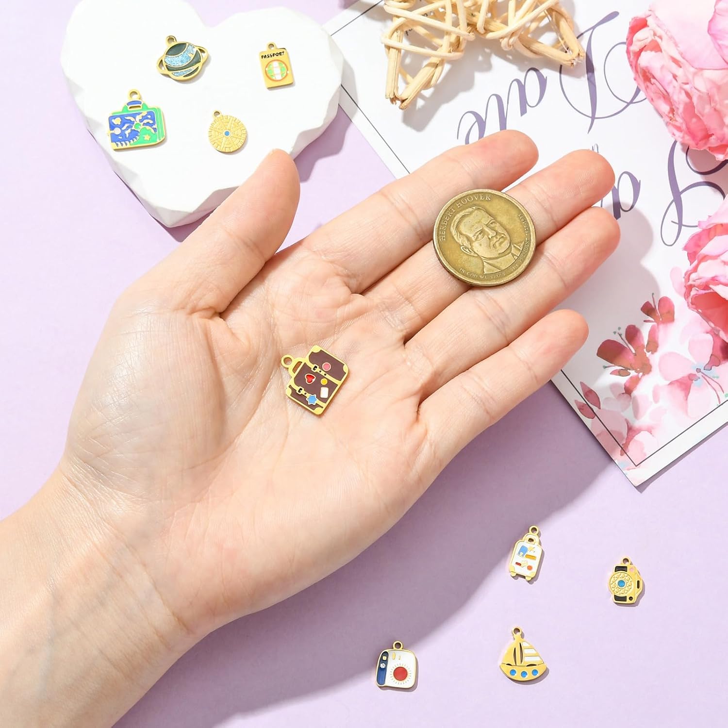 Ipotkitt 9 pcs 9 Styles 304 Stainless Steel with Rhinestone Travel Enamel Charms Globe Passport Compass Charm for DIY Jewelry Making Bracelet Necklace Earrings Keychains Crafts - Image 4