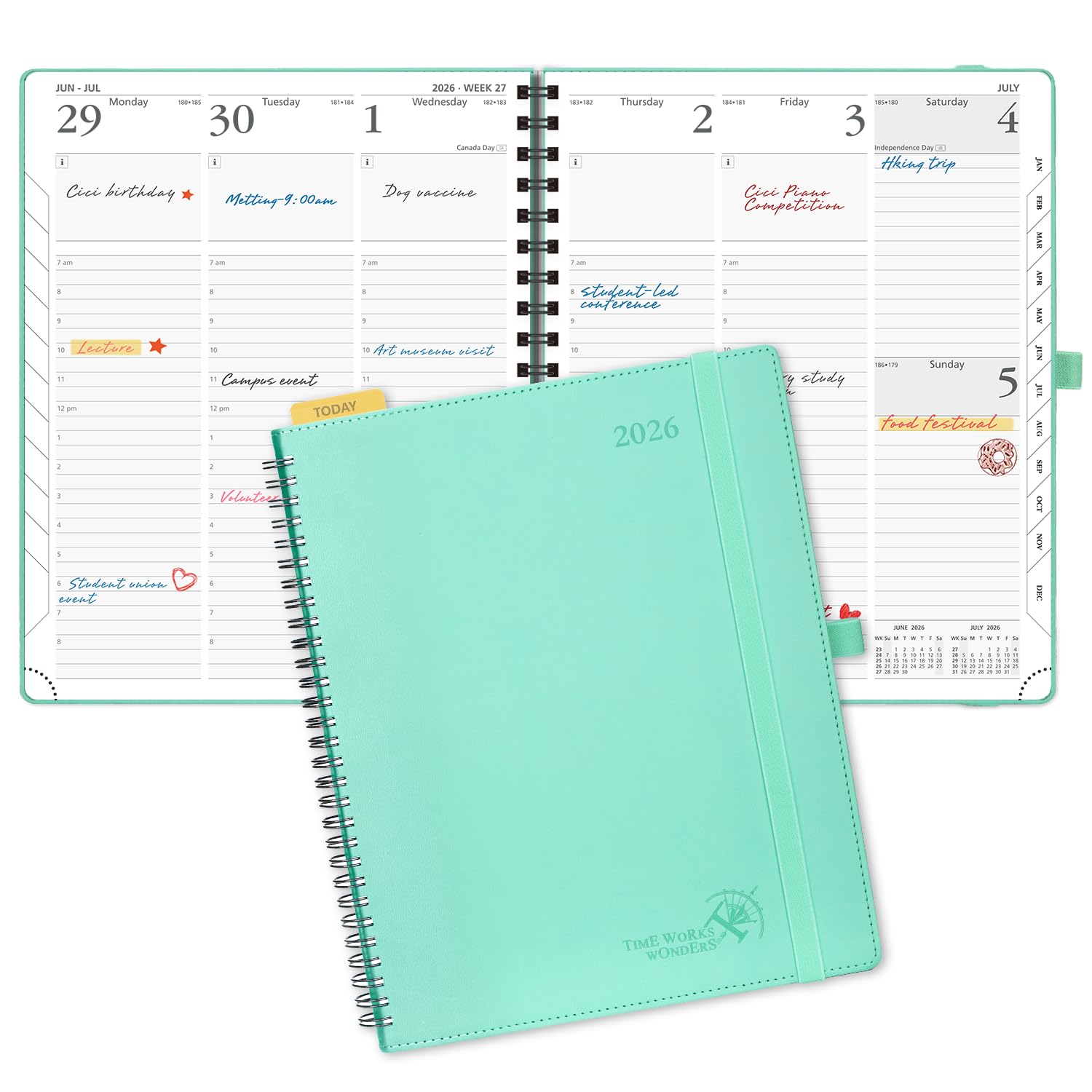 POPRUN 2026 Planner (Large - 8.5" x 10.5") with Hourly Schedule, Vertical Layout - 2026 Weekly Calendar (Jan. 2026 - Dec.2026) for Time Management, Monthly Tabs, Spiral Bound, Soft Cover - Green