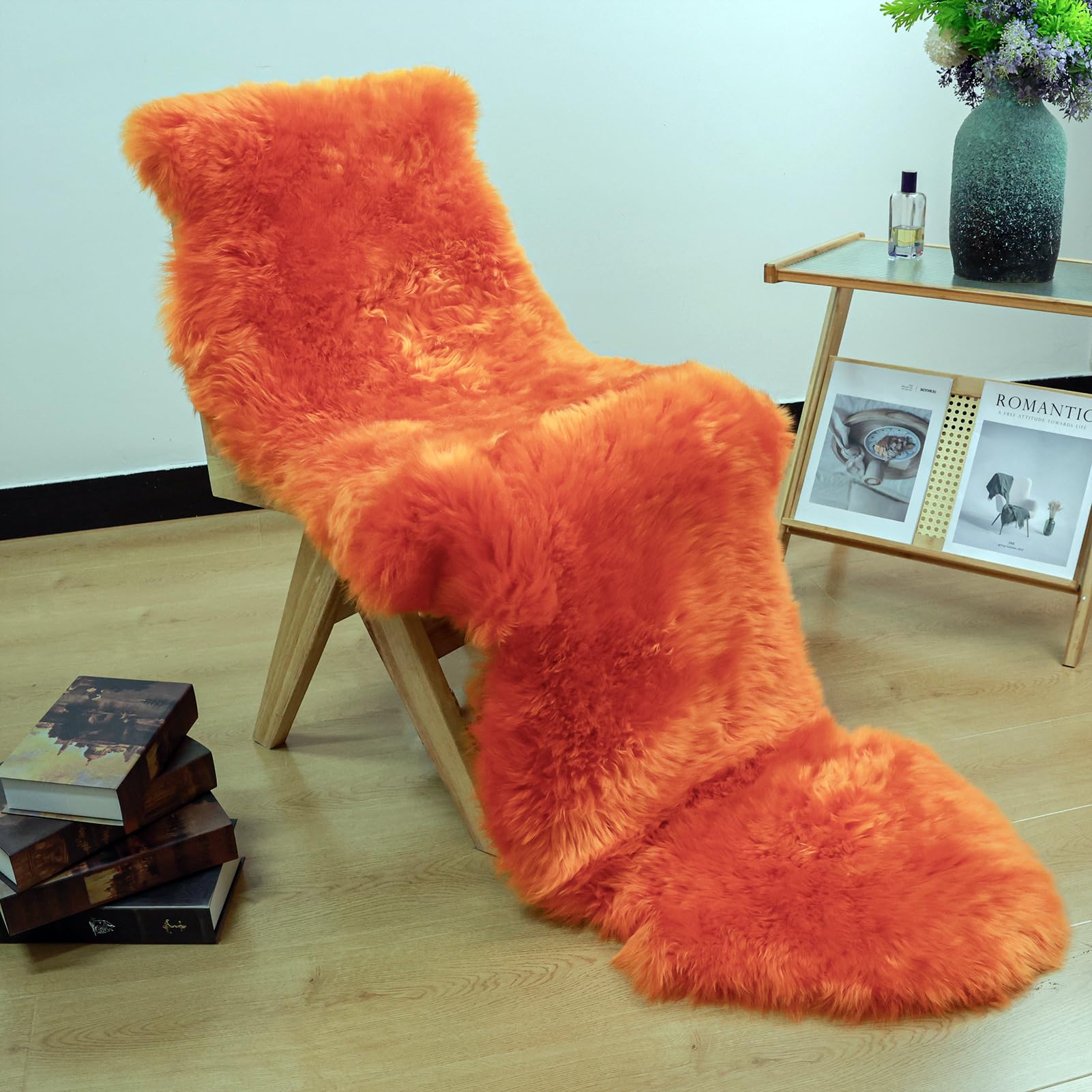 Orange Genuine Sheepskin Rug, Fluffy Fuzzy Soft Shaggy Fur Area Rug for Bedroom Living Room Fur Wool Pray Pup Carpet Cushion, Chair Sofa Seat Cover,