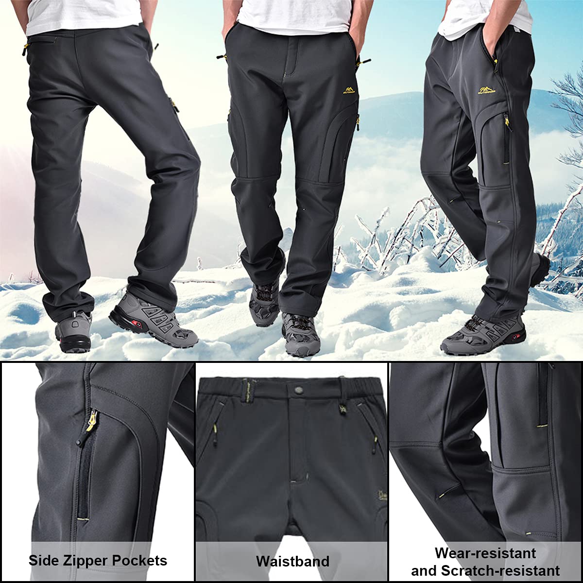 Toomett MH4409 Pantalon de neige pour homme, doublure souple et doublure avec poches à fermeture éclair, MH4409, gris, taille 42, 02 Gris avec polaire, 42