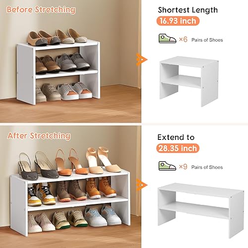 Miniatura 5 de Paquete de 2 organizadores de zapatos blancos expandibles para armario, estante apilable de almacenamiento de zapatos de 2 niveles, estantes