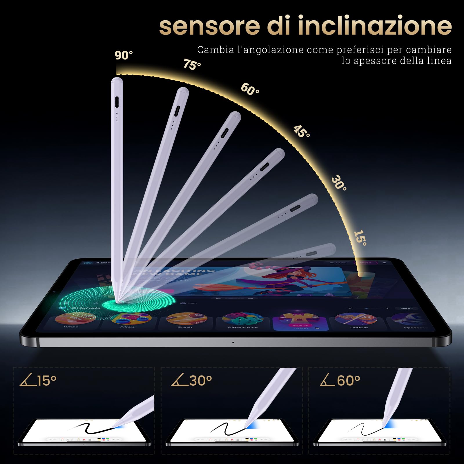 Penna per iPad,Penna per Tablet Compatibile con Apple iPad 2018-2025 Ricarica Rapida,Sensibile all'Inclinazione&Rifiuto del Palmo,Stylus Pencil per iPad 6-11,Pro 13/12,9/11'',Air 3-6,Mini 6/5