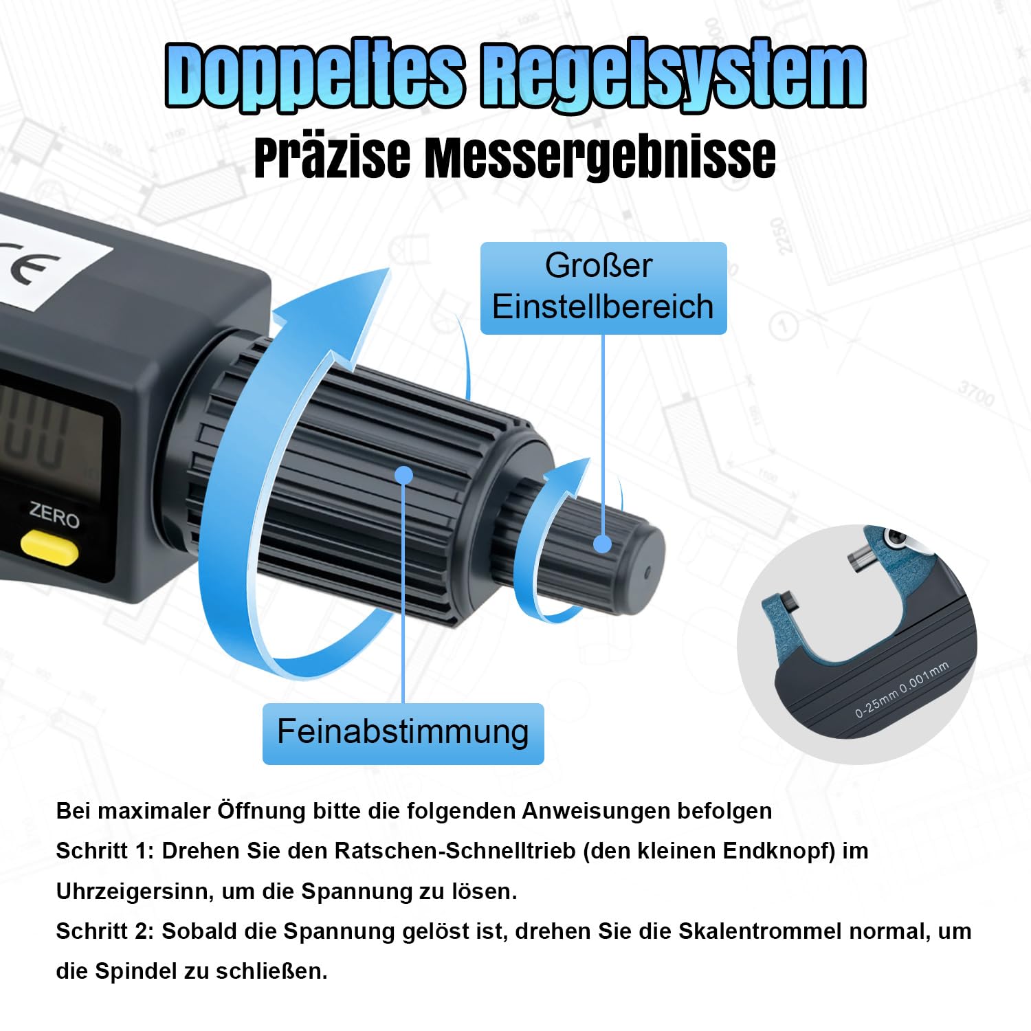 Digitales Mikrometer 0-25mm Mikrometerschraube Digital mit LCD-Display, Bügelmessschraube Elektronisch, 0.001mm Hohe Präzision, mm/Zoll für Werkstatt & Heimwerker