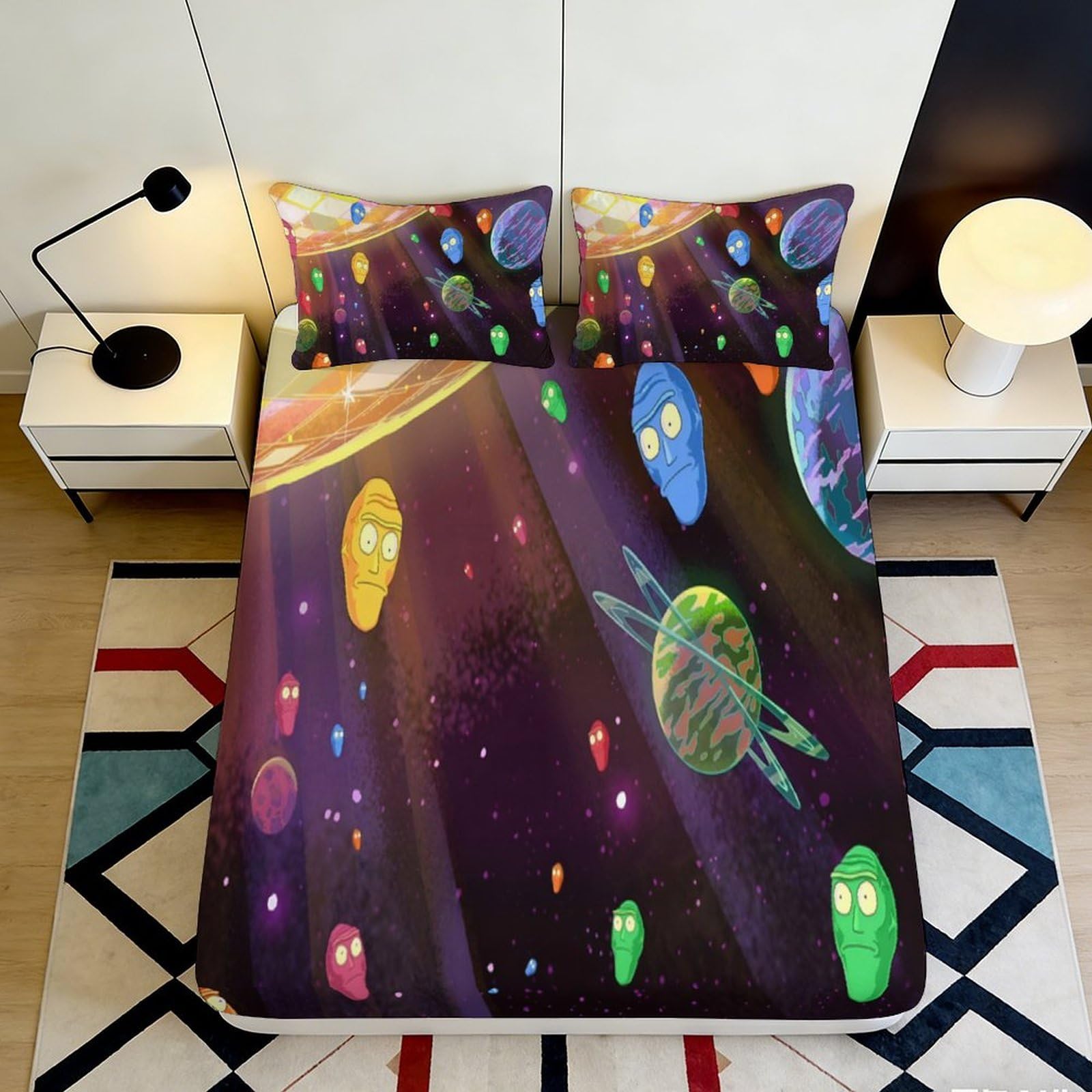 3D Printed Galactic Faces Fitted Sheet Microfiber Soft Durable Cosmic Planets Bed Cover for Bedroom Dormitory Guest Room Mattress Protection 200x200x25cm