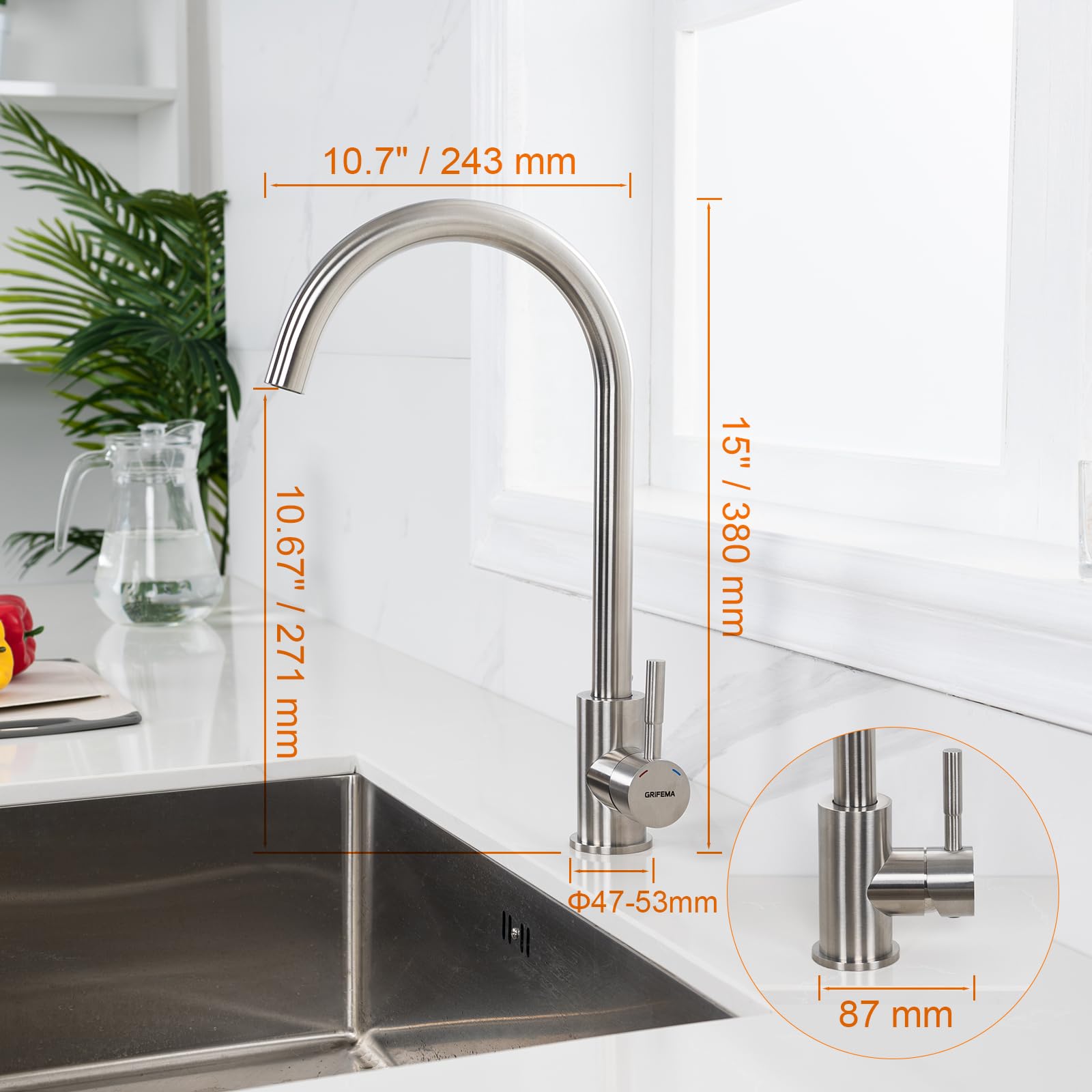 GRIFEMA Niederdruck Armatur Küche, 360 ° Drehbare Wasserhahn Küche, Leicht zu zerlegen und zu waschen, Spültischarmatur für Boiler, Untertischgeräte, Chrom, Silber