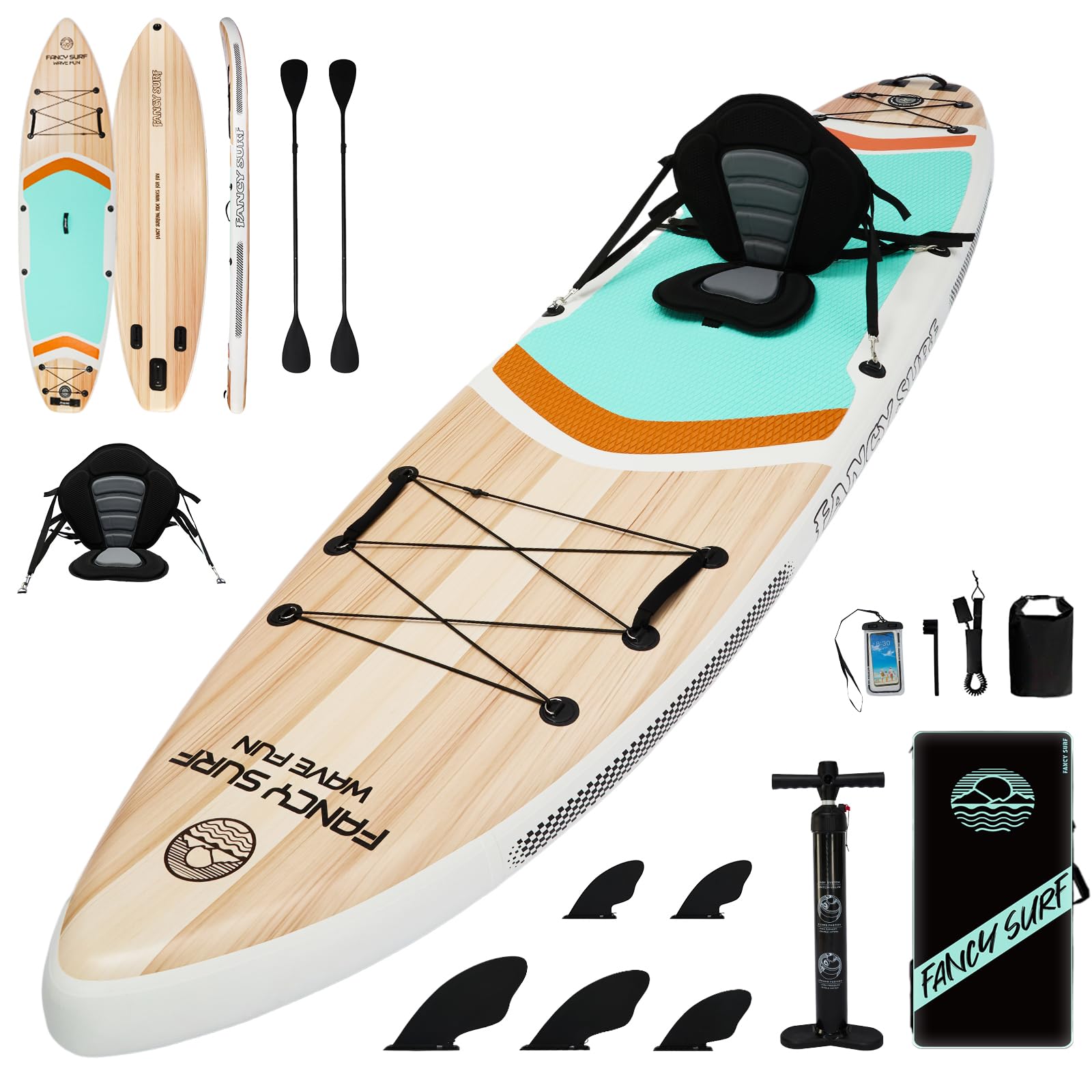 366cm x 90cm Aufblasbares Stand Up Paddling Board mit Kajaksitz, 250kg Sup Paddle Board for Adults with Pump, Fins, Backpack, Accessories & Waterproof Phone Pouch for Fishing, Yoga, Touring