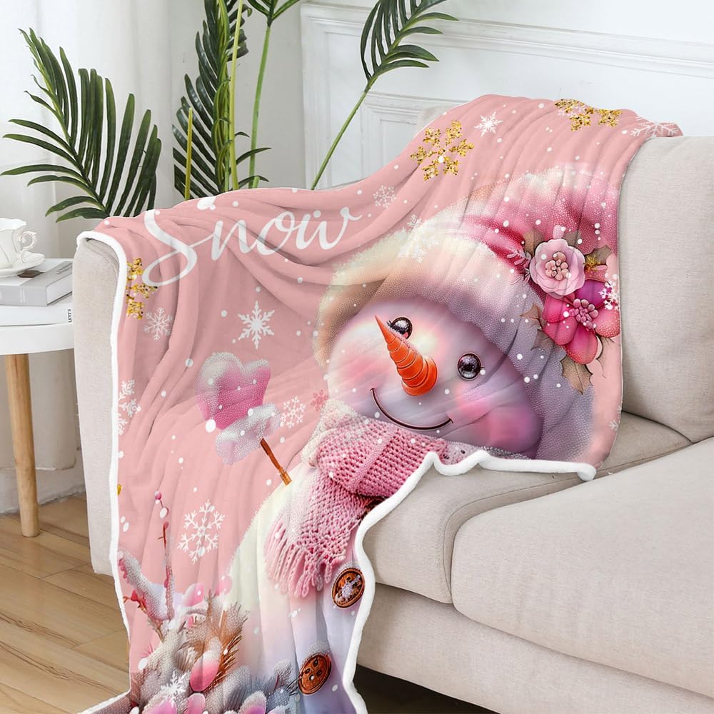 Christmas Throw Blanket, Pink Winter Snowflake Holiday Xmas Throw Blankets, Winter Snowman Blankets Holiday Xmas Throw Blanket Super Soft Plush Deer Blanket, 50"X60", Pink