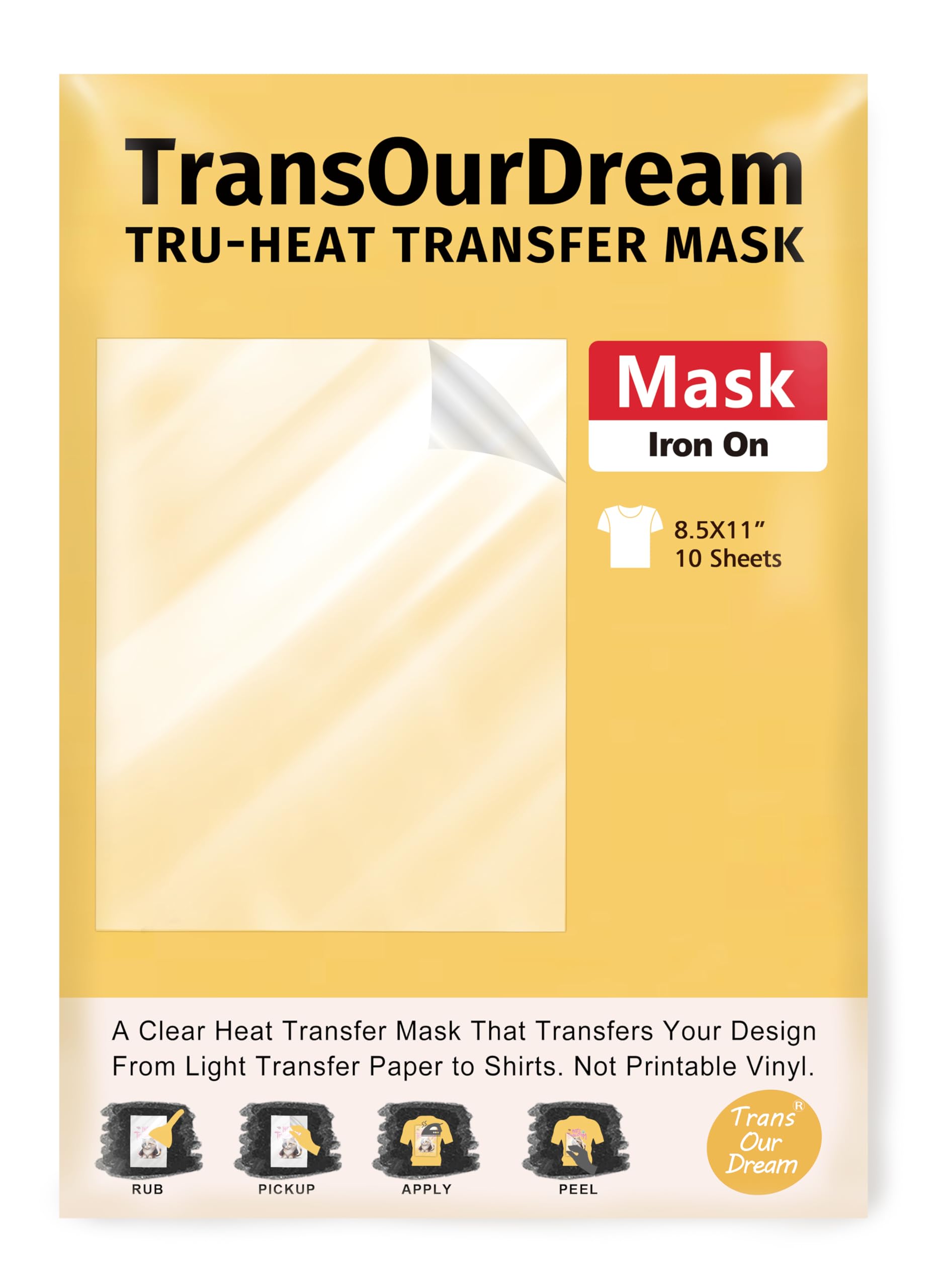 TransOurDream Heat Transfer Mask & Iron on Tape (10 Sheets, 8.5x11")- Iron-On Clear Positioning Film for Light Transfer Paper & Printable HTV on