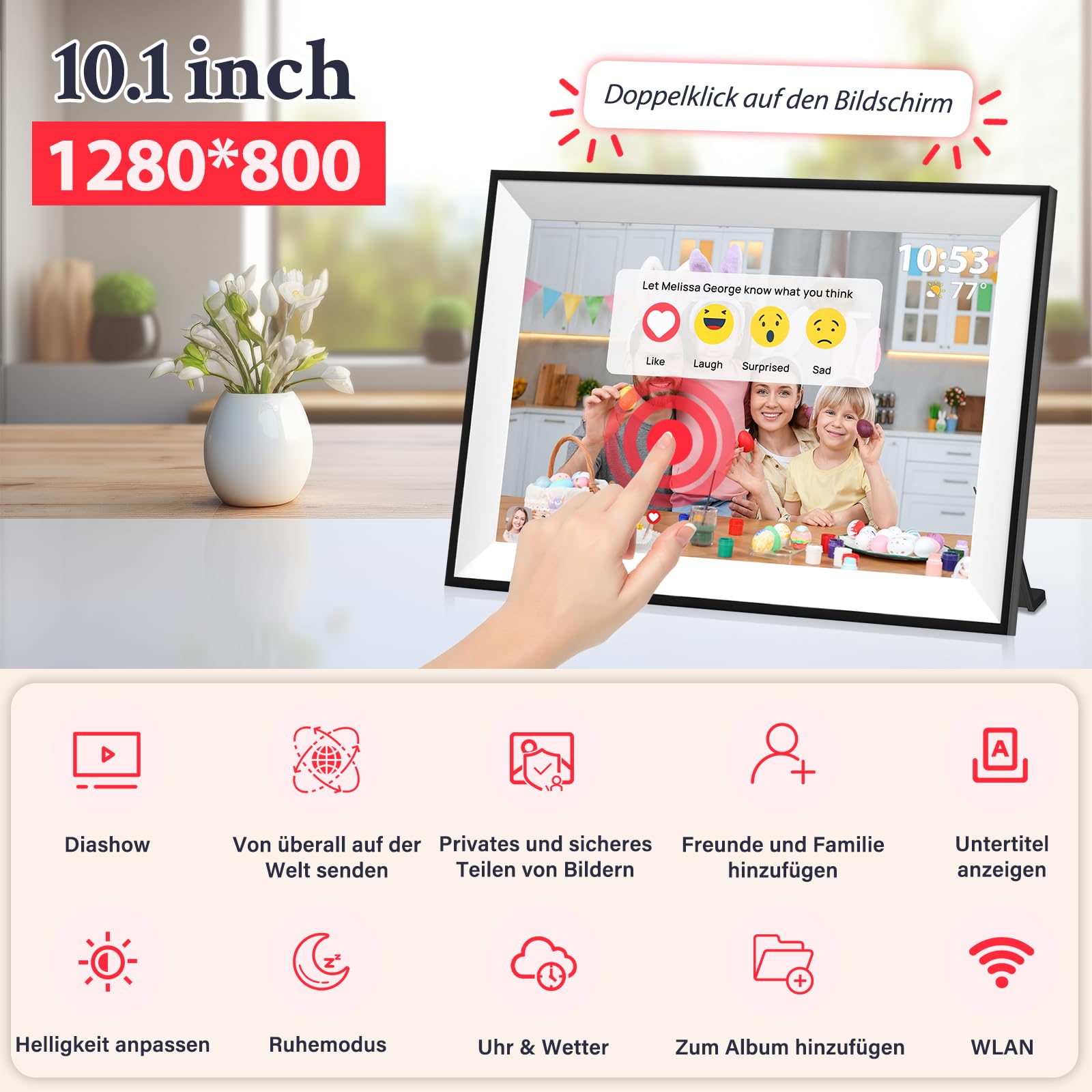 Frameo Marco de Fotos Digital WiFi de 10,1 Pulgadas, Pantalla táctil IPS HD de 1280 x 800, Marco de Fotos de 32 GB, rotación automática, Montaje en Pared, Compartir Fotos a través de la aplicación