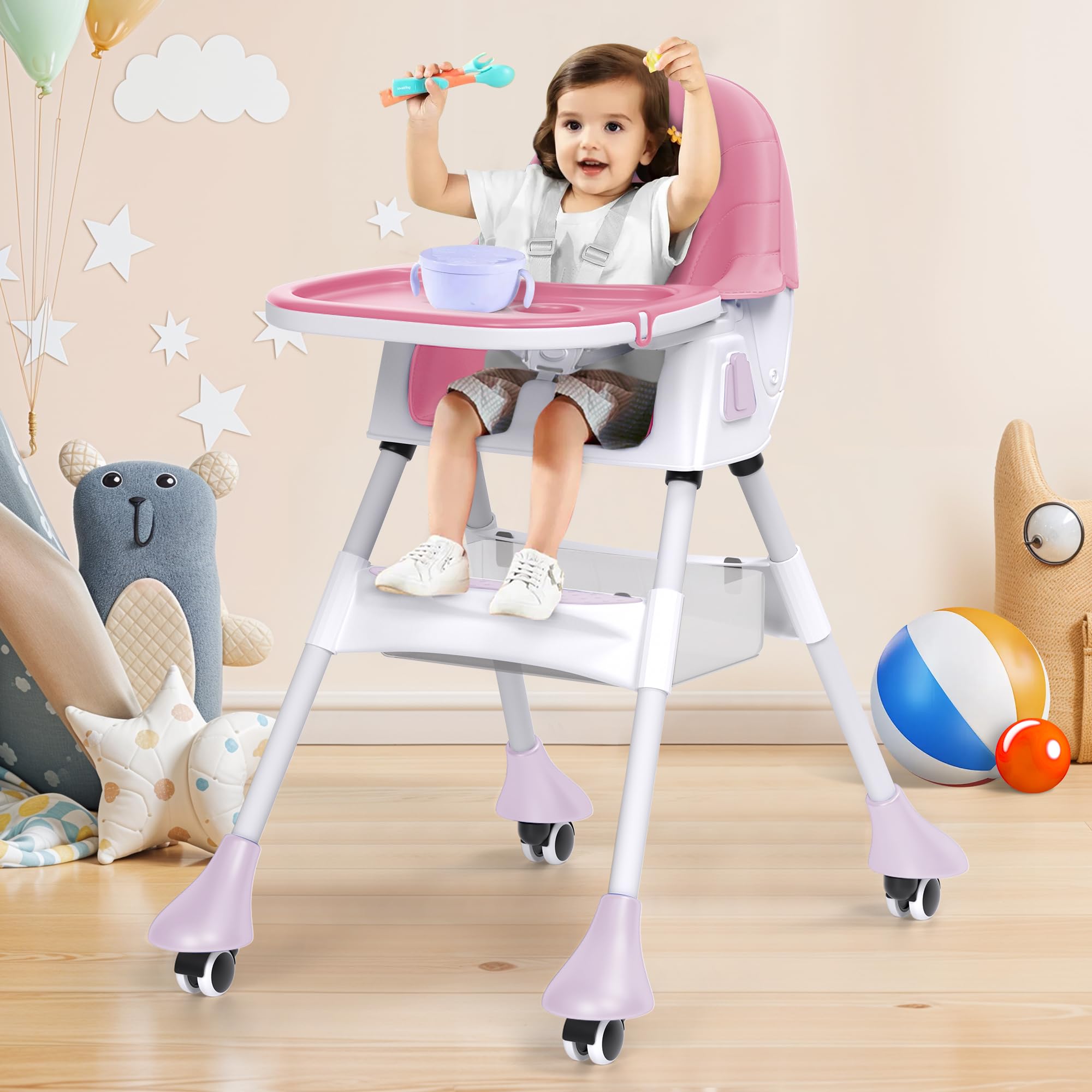 ANSSO Baby High Chair, 6 in 1 Convertible High Chairs for Babies and Toddlers, Portable Foldable High Chair with Double Removable Tray, Adjustable Height & Recline, Locking Wheels (Pink)