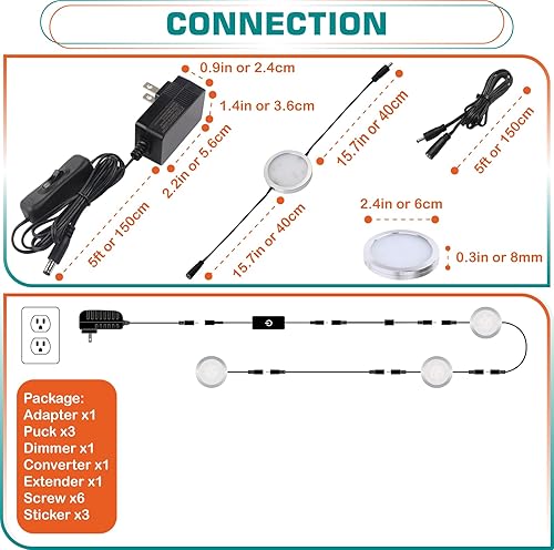 Miniatura 9 de Luces LED para estantería, iluminación para debajo del gabinete, tira de luz de disco enlazable con margarita, enchufe eléctrico de 120 V, atenuador