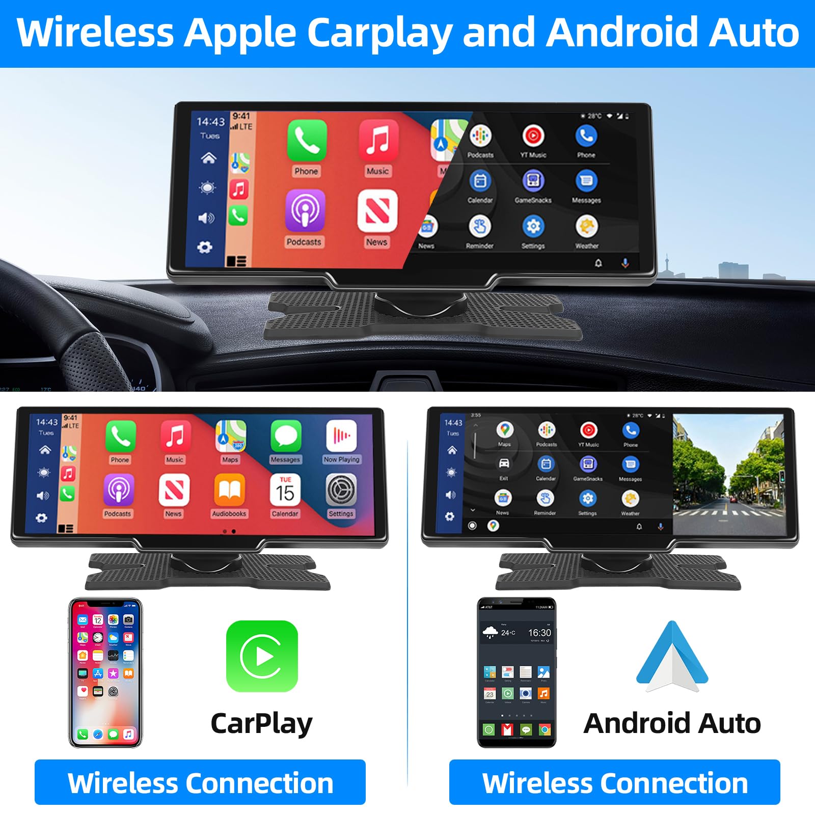 Podofo 10,26 Pollici Portatile Autoradio con Wireless A-pple Carplay & Android Auto Tocuchscreen，7-32V Monitor con A-pple Airplay/Assistente Vocale/Bluetooth/Trasmettitore FM/AUX/TF Card