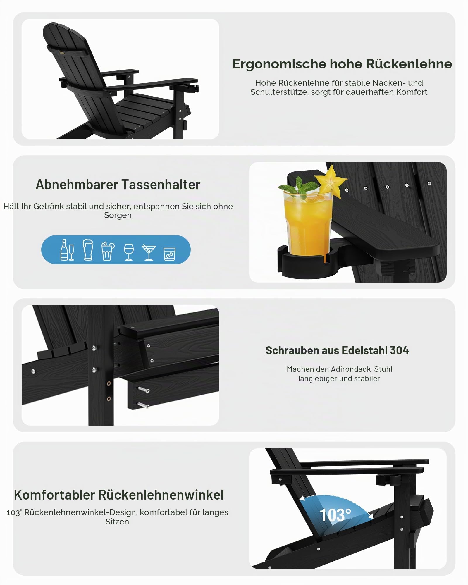 MXIMU Adirondack Stuhl für Outdoor Garten: Allwetter Adirondack Chair Kunststoff HIPS mit Getränkehalter für Outdoor Stuhl - Wetterfest Adirondack Gartenstuhl für Balkon/Terrasse/Beach(Schwarz)