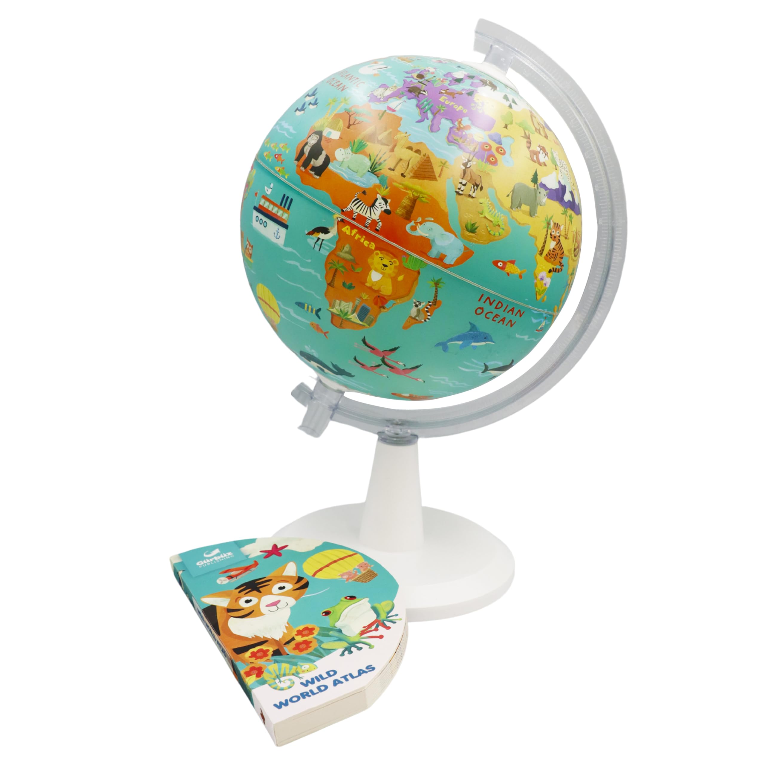 EXERZ Globo terráqueo de 20 cm con libro “Mi mundo salvaje”, 16 páginas. Girar, dar vueltas, jugar, leer y descubrir sobre los animales de la Tierra