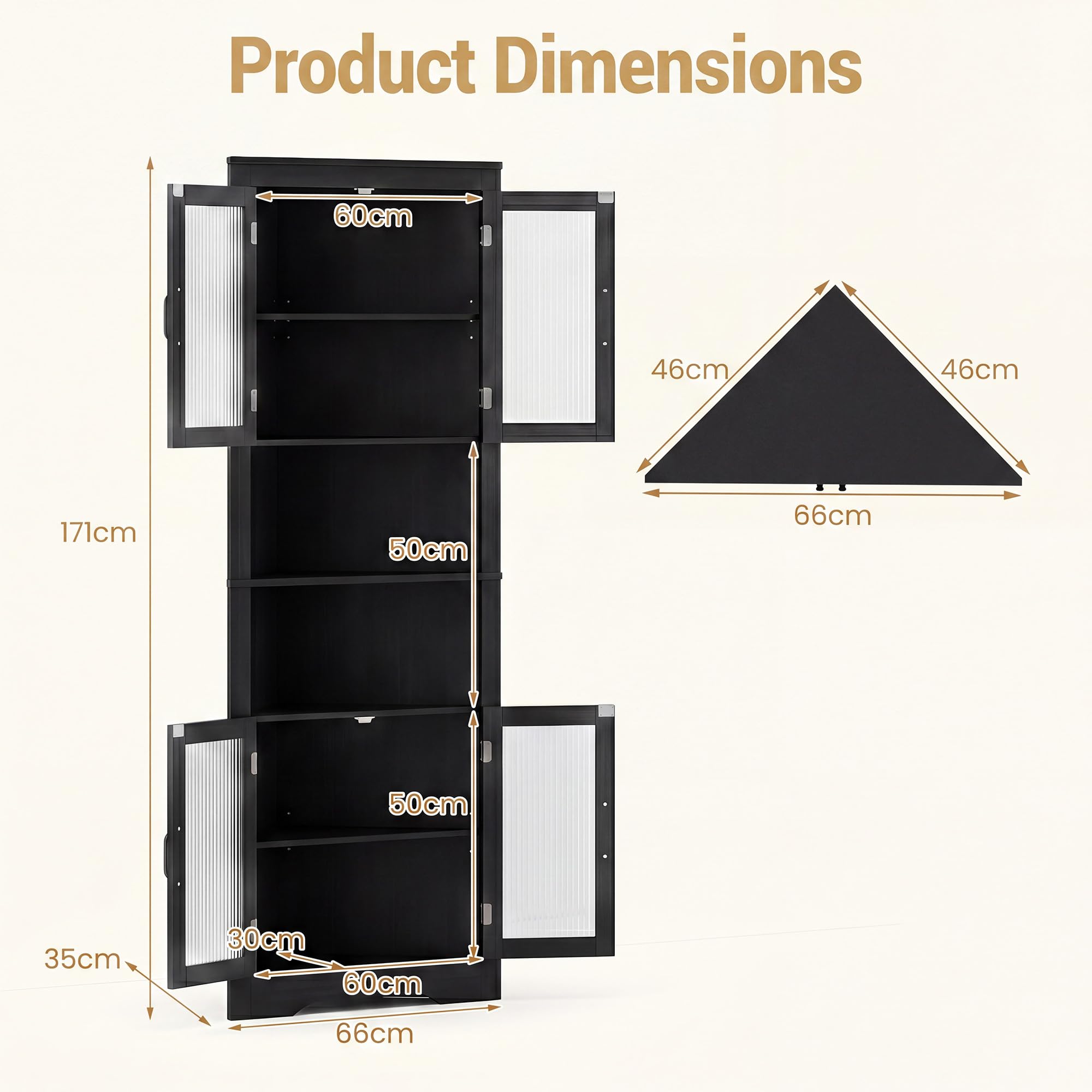 LIFEZEAL Mobile Bagno Angolare Salvaspazio, Armadio Bagno ad Angolo 66 x 35 x 171 cm, Credenza Cucina, Dispensa, con 6 Scomparti, 4 ante e 2 Ripiani Aperti, per Soggiorno, Cucina (Nero)