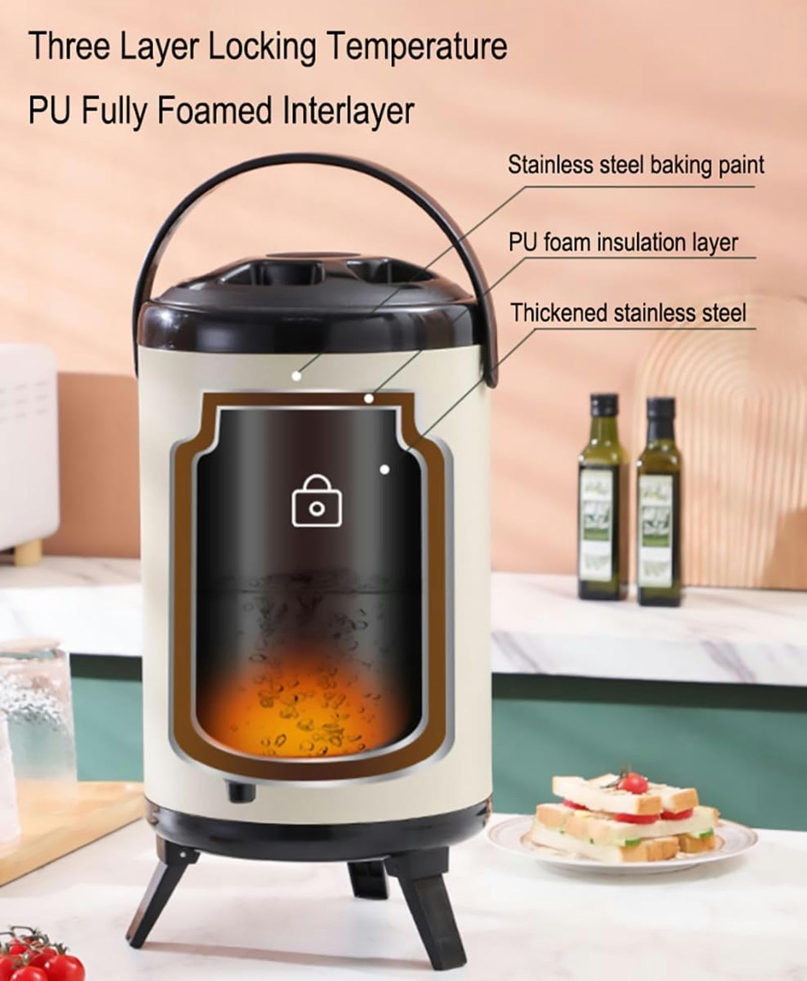 Distributore di Bevande a barile Isolato in Acciaio Inossidabile, distributore di Bevande con Rubinetto per Acqua Calda, tè, caffè, Latte Freddo, Succo (Nero, 20L) To Pursue Happiness
