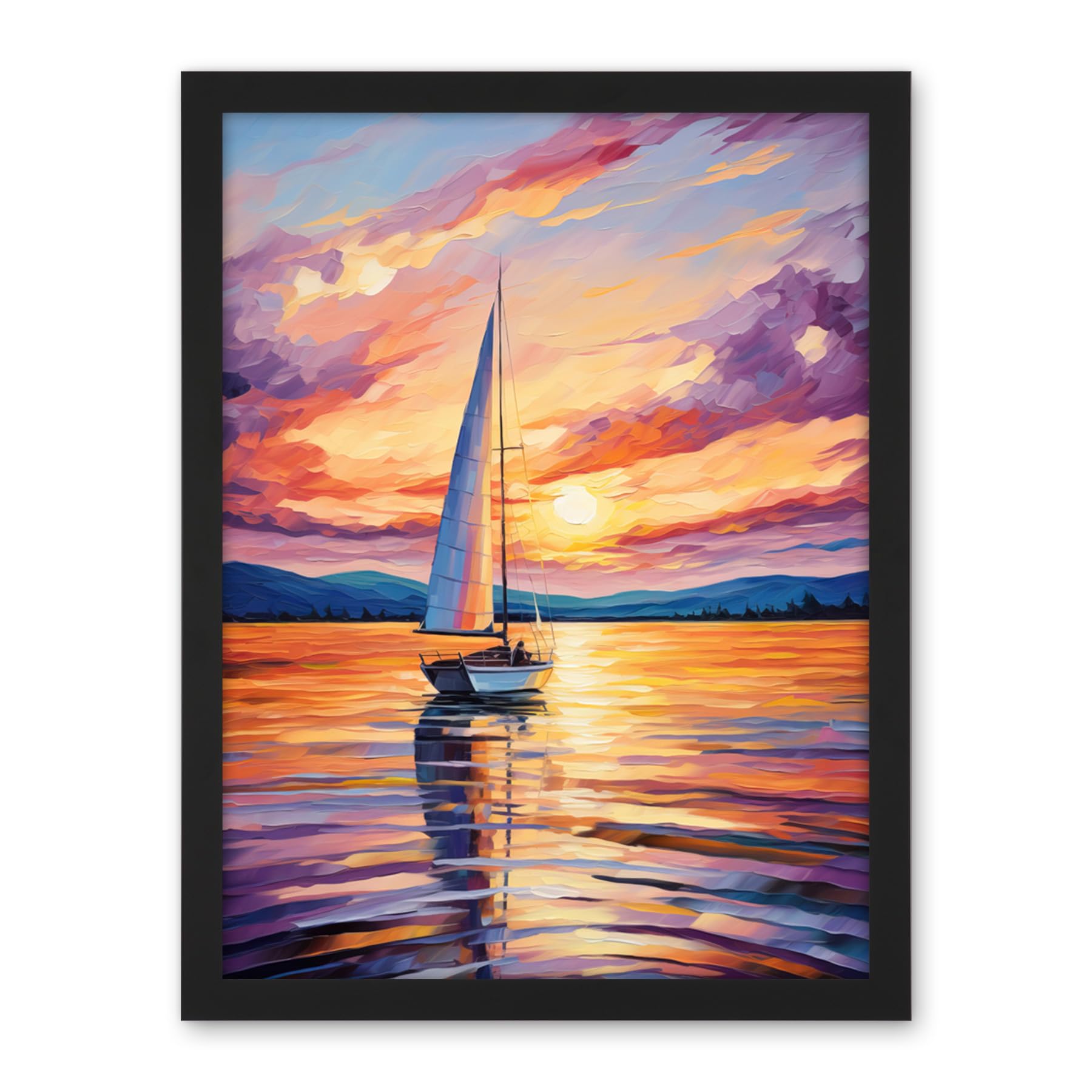 Artery8 Sunset Sailing Vibrant Oil Painting Orange Purple Blue Bathroom Artwork Sail Boat Seascape Artwork Framed Wall Art Print 18X24 Inch