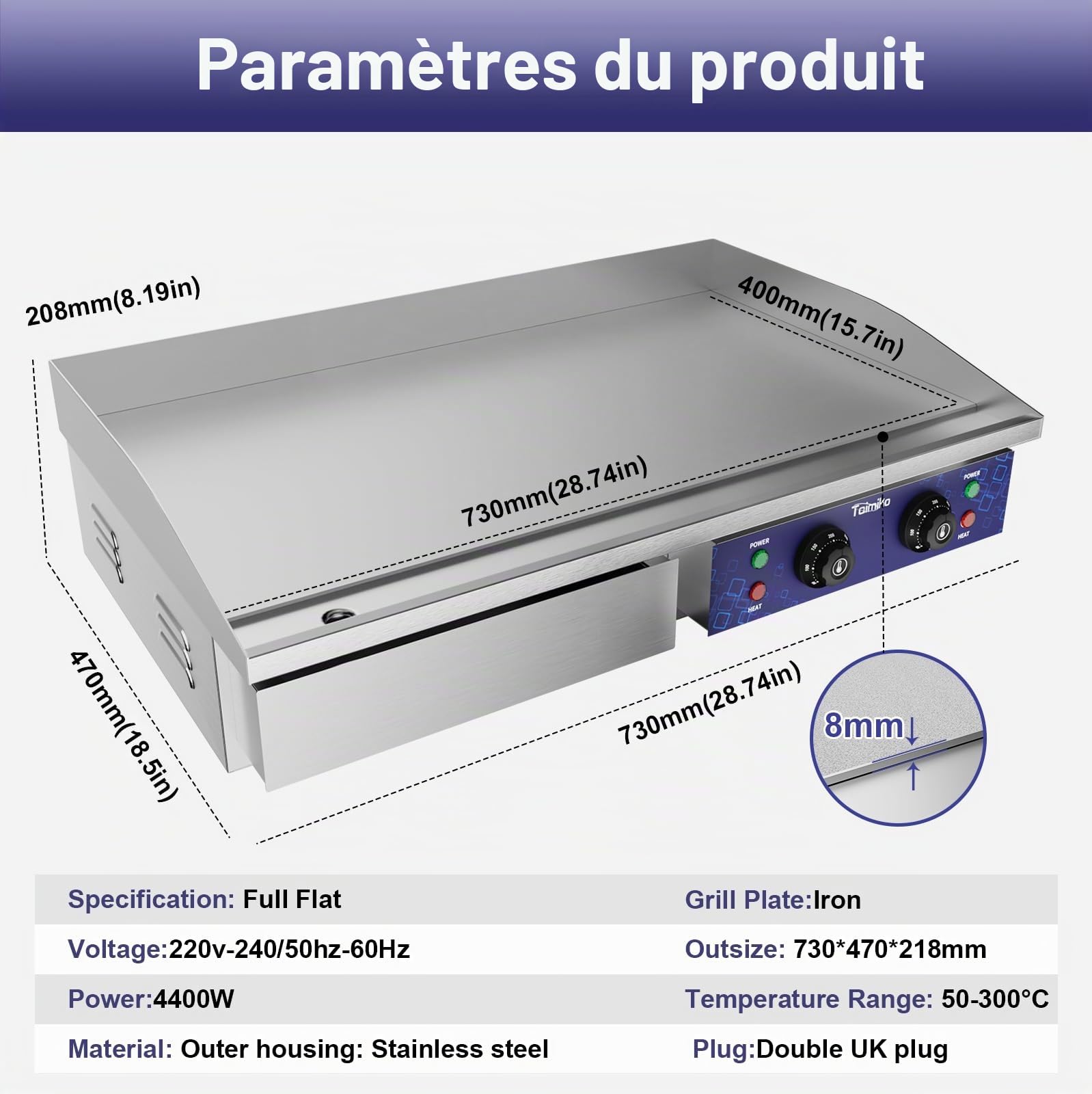 TAIMIKO Plancha Électrique 73cm Plancha Electrique Exterieur 4400w Commercial en Acier Inoxydable Professionnelle Plaque Électrique 2 Pelles et 2 Brosses, Pour Barbecue Restaurant Snack-Bar