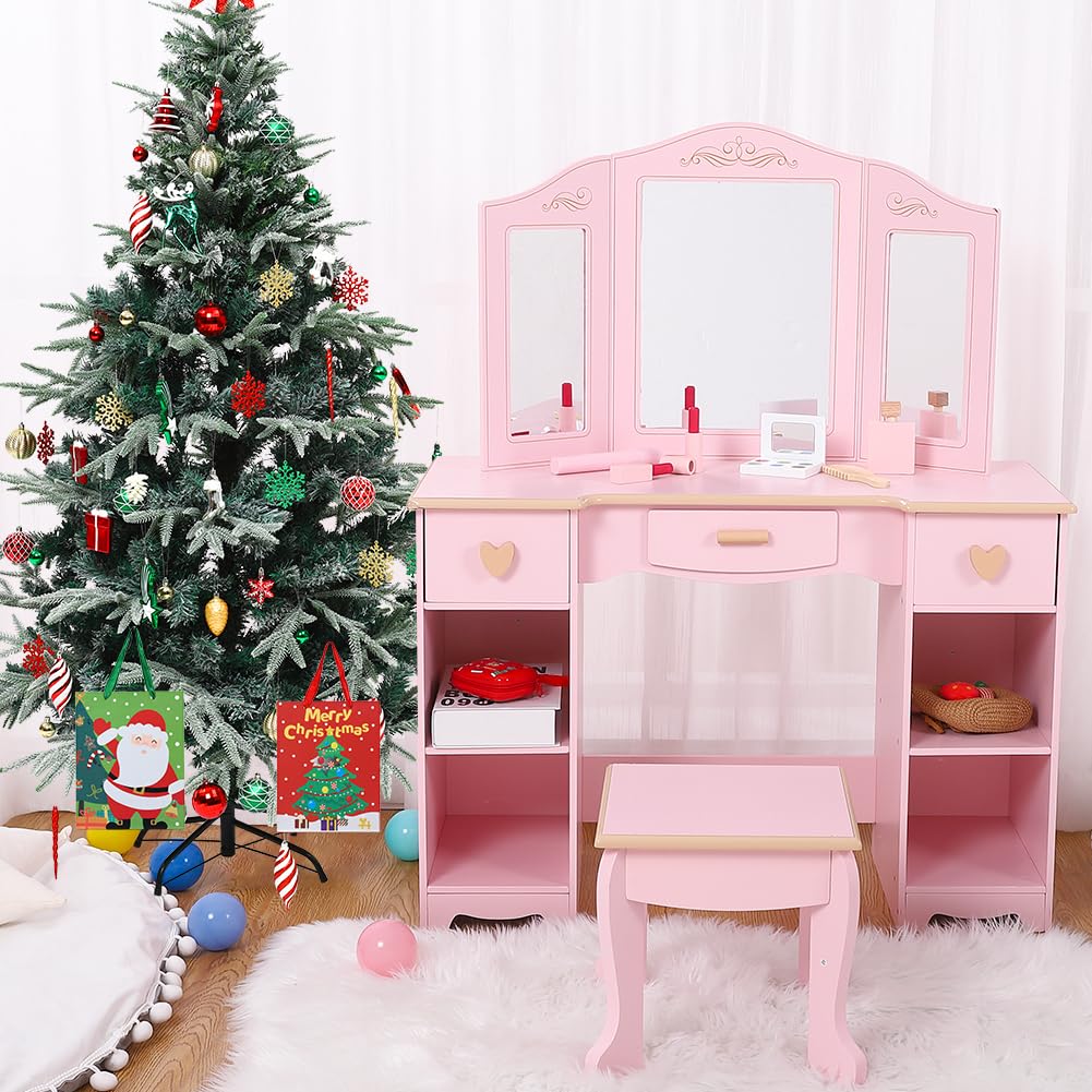 Garvee Coiffeuse Enfant Fille, Coiffeuse Enfant Princesse avec Miroir et Tabouret, Bureau 2 en 1 en Bois MDF Rose pour Chambre d'enfant, Idéal Cadeau d'anniversaire pour Fille 4-9 Ans