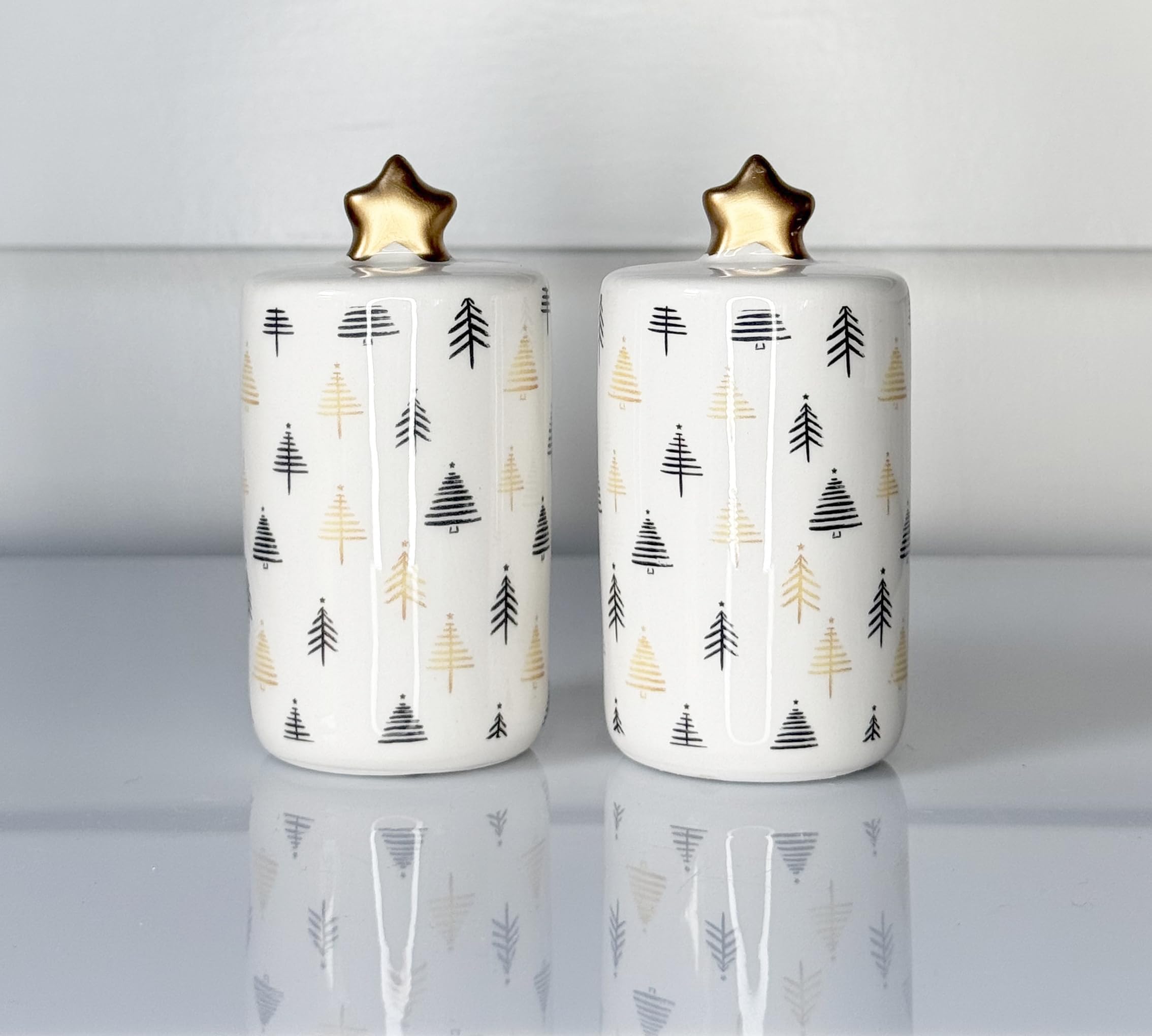 Modern Christmas Tree Salt and Pepper Shaker Set, Ceramic with Gold Stars, 3.5" x 1.75", White and Black