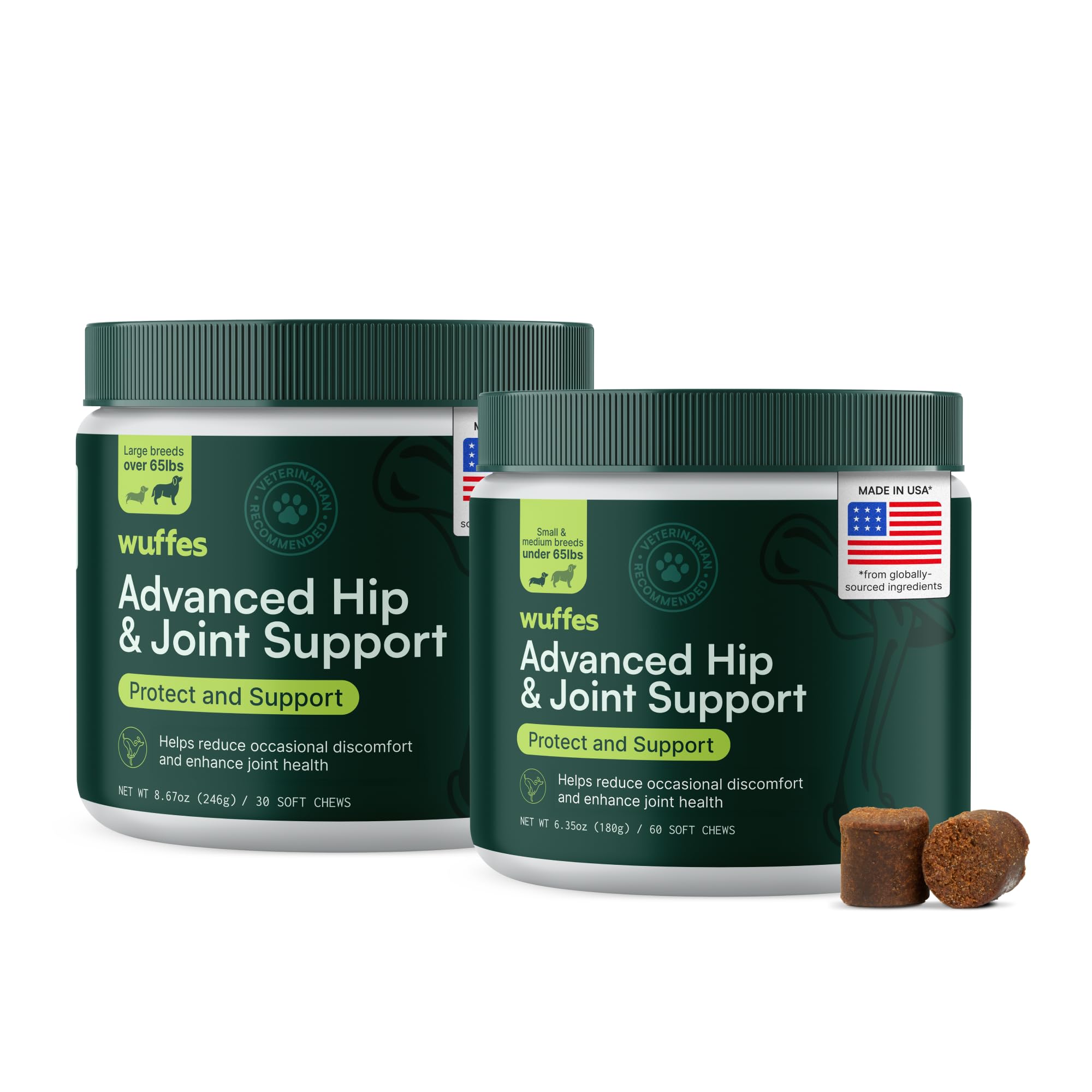 Wuffes Advanced Dog Hip and Joint Supplement with Glucosamine, Chondroitin, Omega 3, MSM, and Green Lipped Mussel, (Pack of 2, Small & Large Breed)