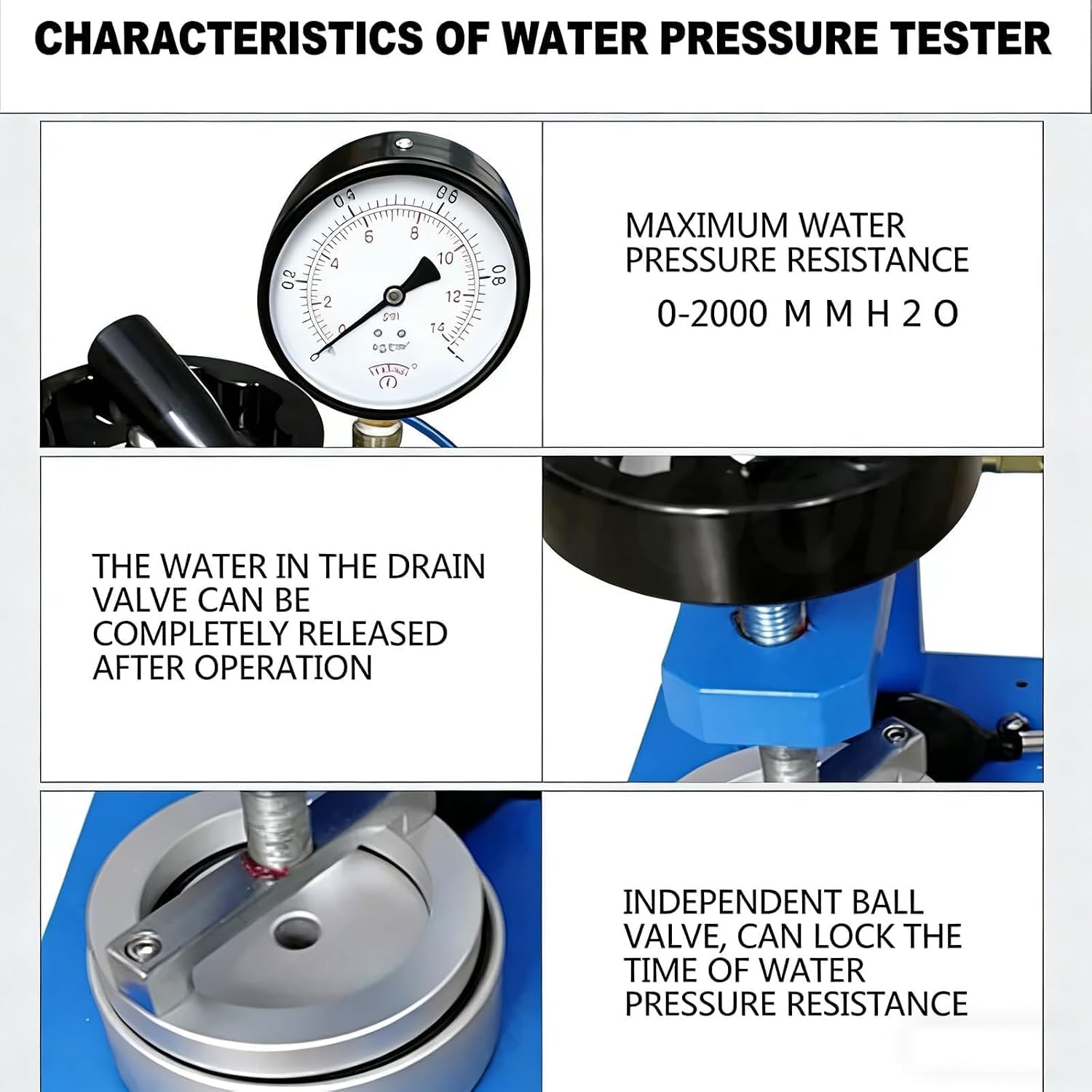 Hydrostatischer Druckprüfer, Textil-wasserdichtigkeitsprüfgerät Mit Druckkugel Aus Gummi, 0–20.000 Mm Wassersäule, Zeigeranzeige, Für Zelt- Und Regenmantelstoffe 5000mm