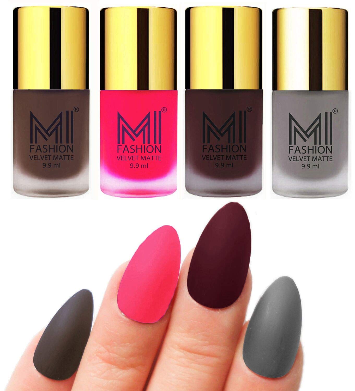 mi fashion highly pigmented velvet matte nail paint set effortless matte top colour 9.9mlcoffee, neon pink, wine, grey (pack of-4)