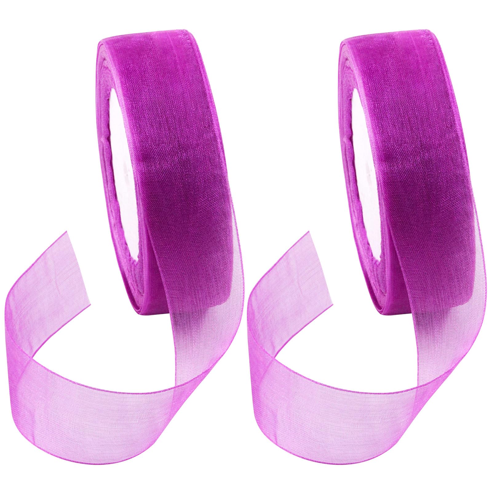 Swpeet 2 Rolls 50 Yards x 1 Inch Purple Shimmer Sheer Fabric Ribbons Organza Ribbon, Transparent Sheer Ribbon Chiffon Fabric Ribbons for Bouquets Wedding Birthday Decoration