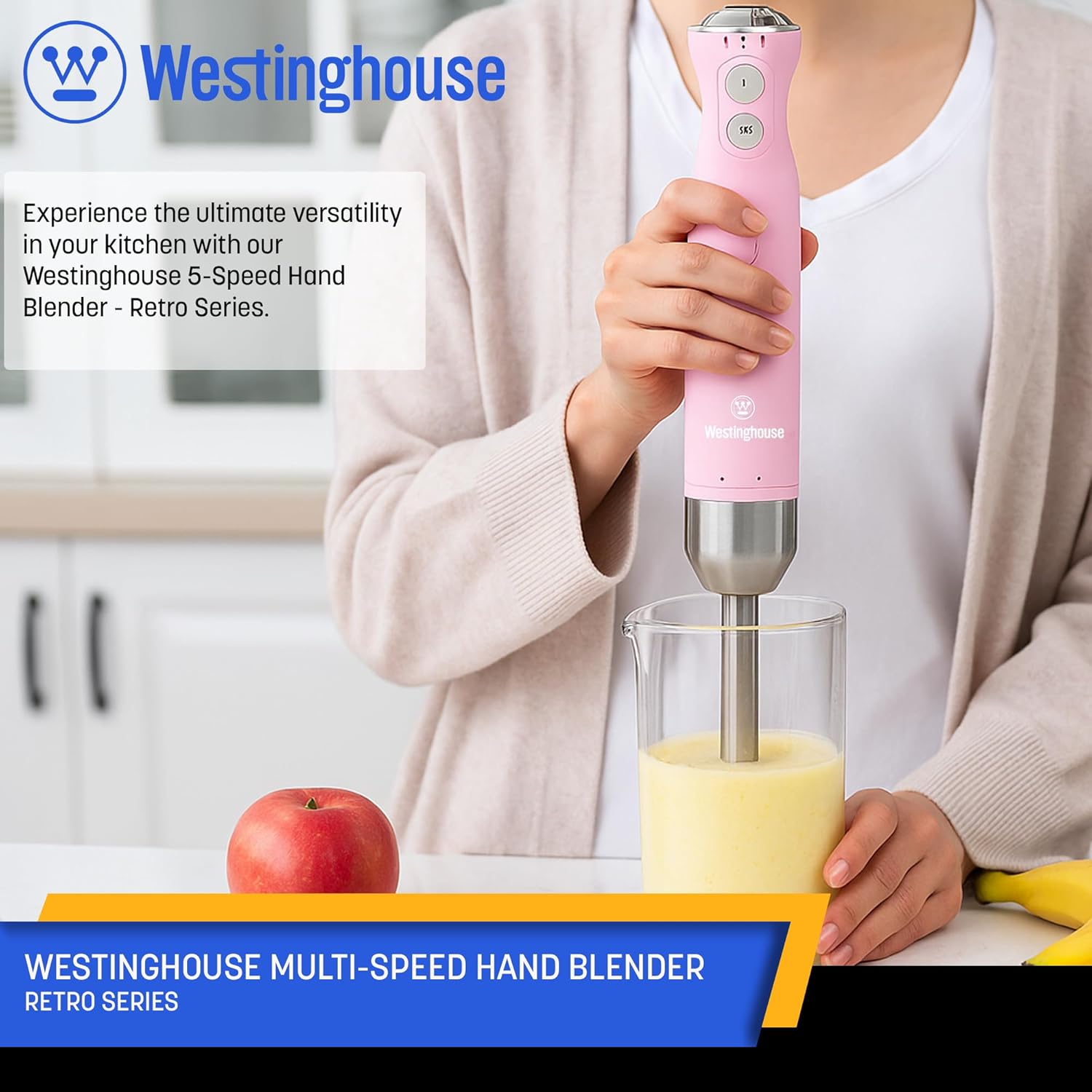 Westinghouse Hand Blender - 5-Speed Immersion Blender with Turbo Function, Stainless Steel Blades & Rod, 500W Power, Detachable Easy Clean Design, Best for Smoothies & Soups - Retro Appliance, Pink