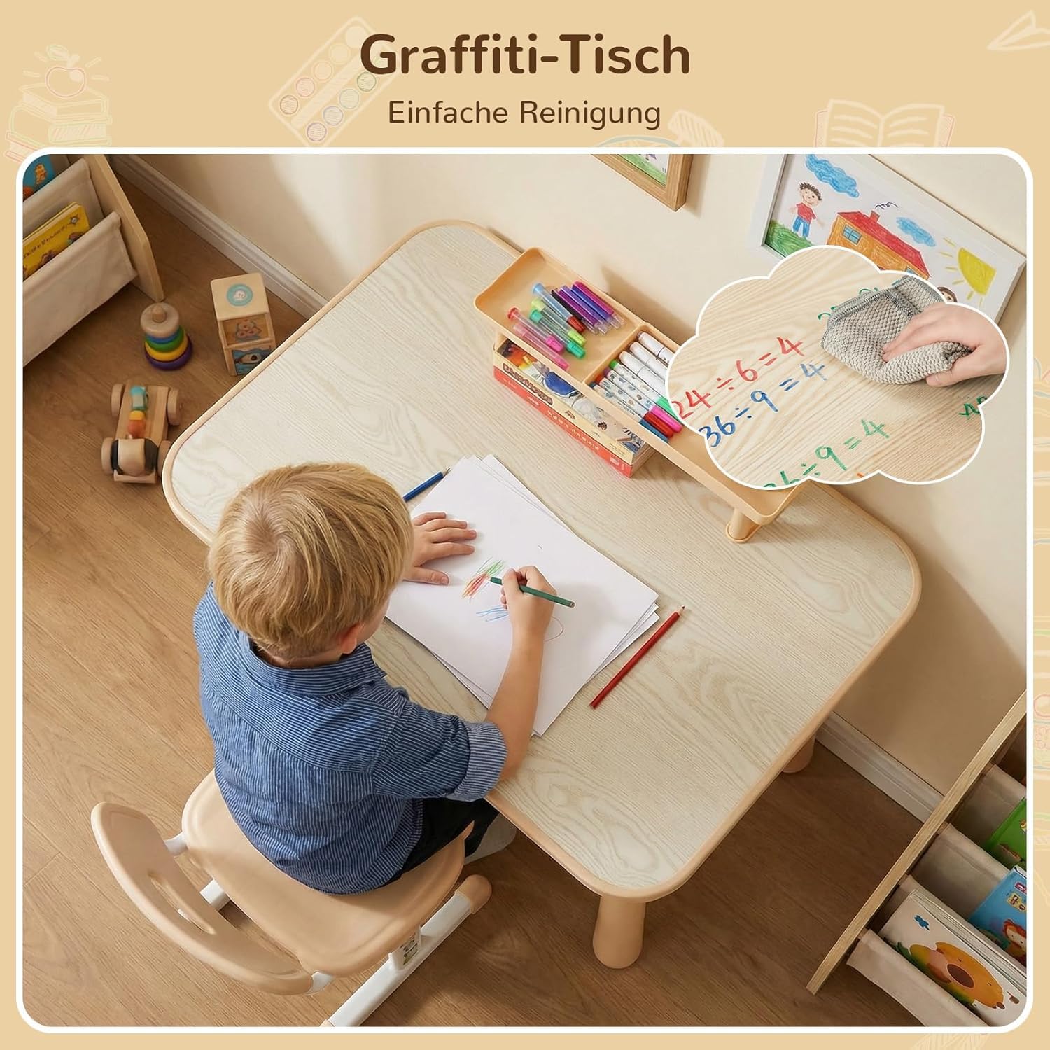 MAMIZO Höhenverstellbarer Kinderschreibtisch mit Stuhl Set, Schreibtisch Kinder mit Seiten-Bücherregal & Ablagekasten, Graffiti-Tisch von 3-12 Jahren, Ideal für Kinderzimmer & Arbeitszimmer (Gelb)