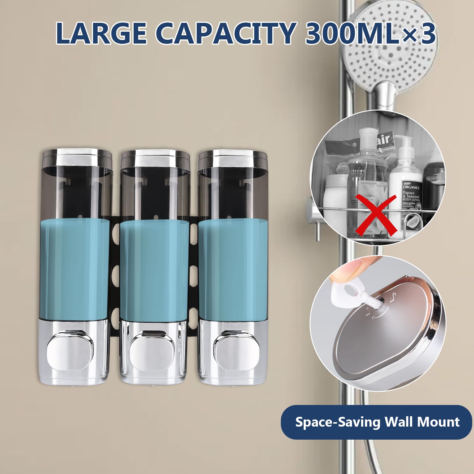 Dispenser di sapone 3 in 1 per bagno a parete, dispenser e organizer per doccia, 3 camere senza trapano, accessori per doccia per shampoo, balsamo, bagnoschiuma, bagno, cucina, hotel