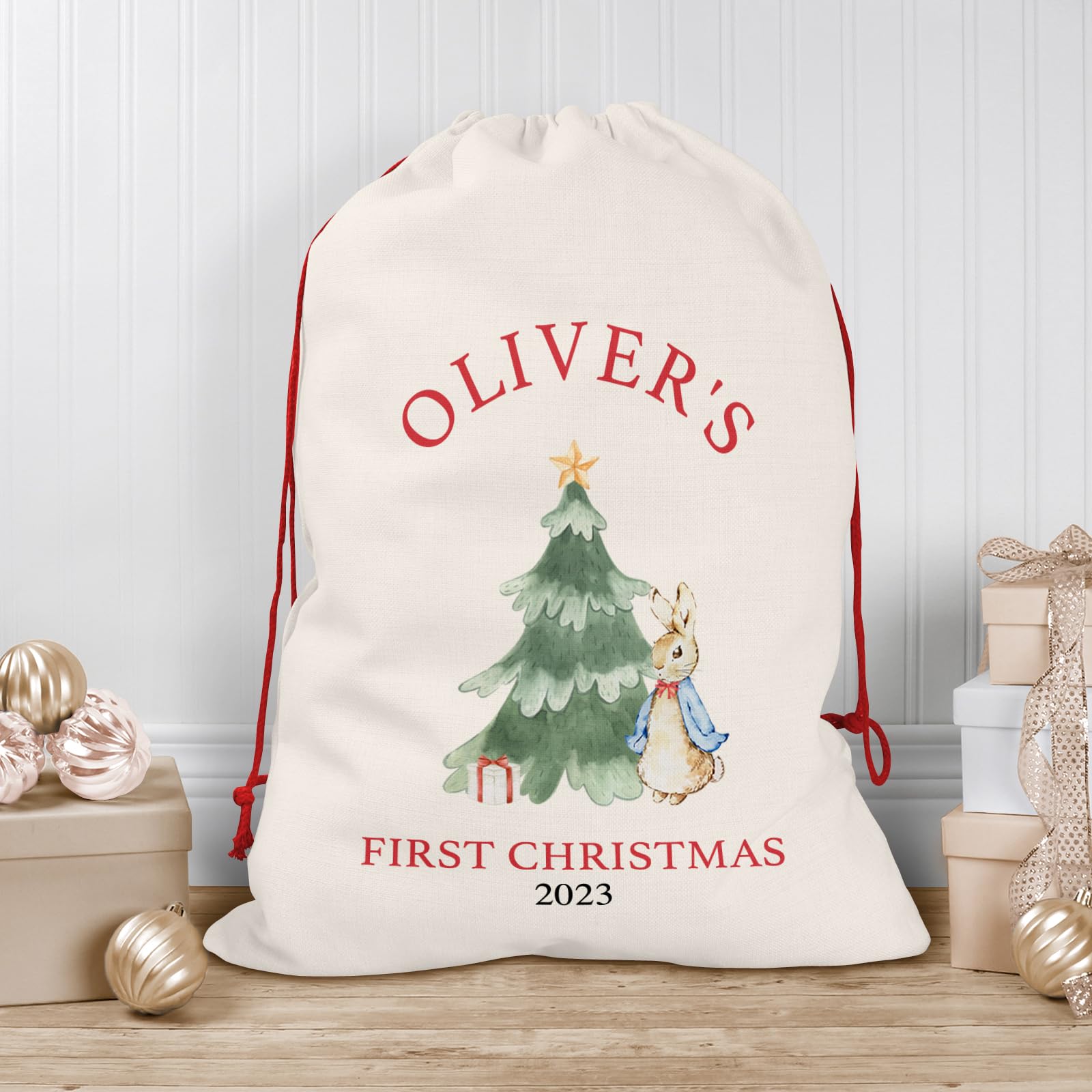 Personalised Babys 1st Christmas Sack | Baby's First Christmas Stocking | Custom Christmas Stocking l 1st Christmas Gift, Personalised Santa Sack, First Christmas Sack (Bunny Tree)